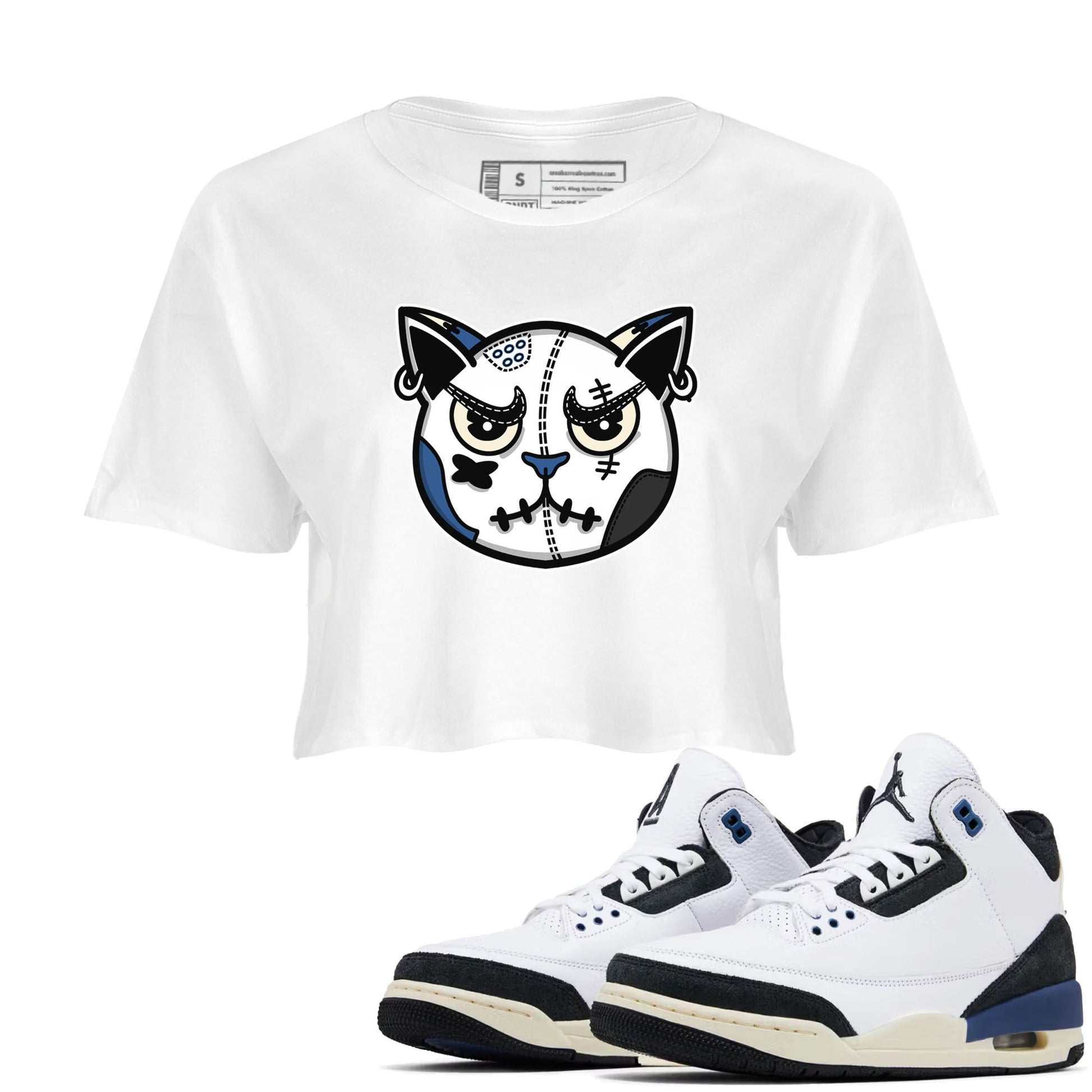 3s For The Love to match jordans Sneaker Cat Face sneaker match tees A Ma Maniere x Air Jordan 3 Diffused Blue match shoes to clothes SNRT Sneaker Tees unisex cotton White 1 crop tee