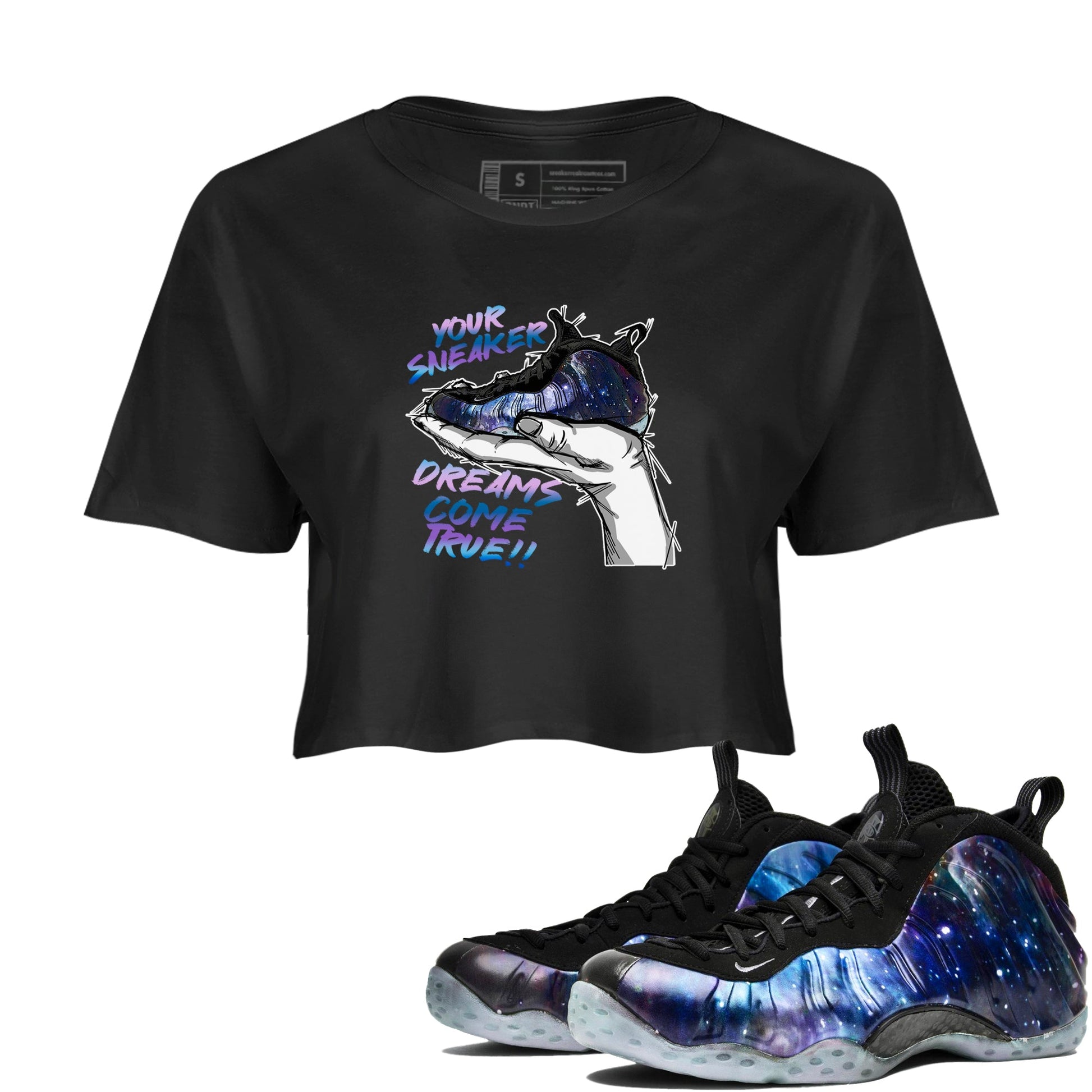 Foams One Galaxy shirts to match jordans Sneaker Dreams sneaker match tees Air Foamposite One Galaxy match shoes to clothes SNRT Sneaker Tees unisex cotton Black 1 crop tee