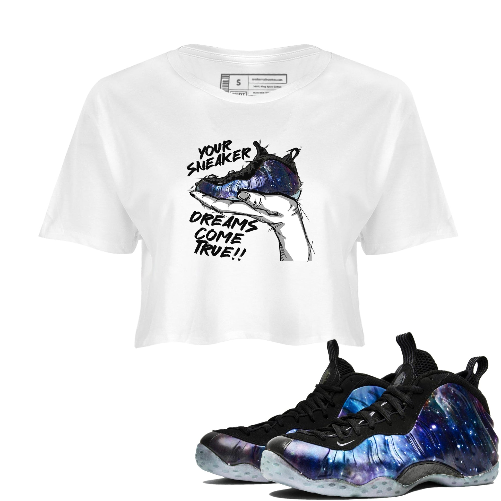 Foams One Galaxy shirts to match jordans Sneaker Dreams sneaker match tees Air Foamposite One Galaxy match shoes to clothes SNRT Sneaker Tees unisex cotton White 1 crop tee