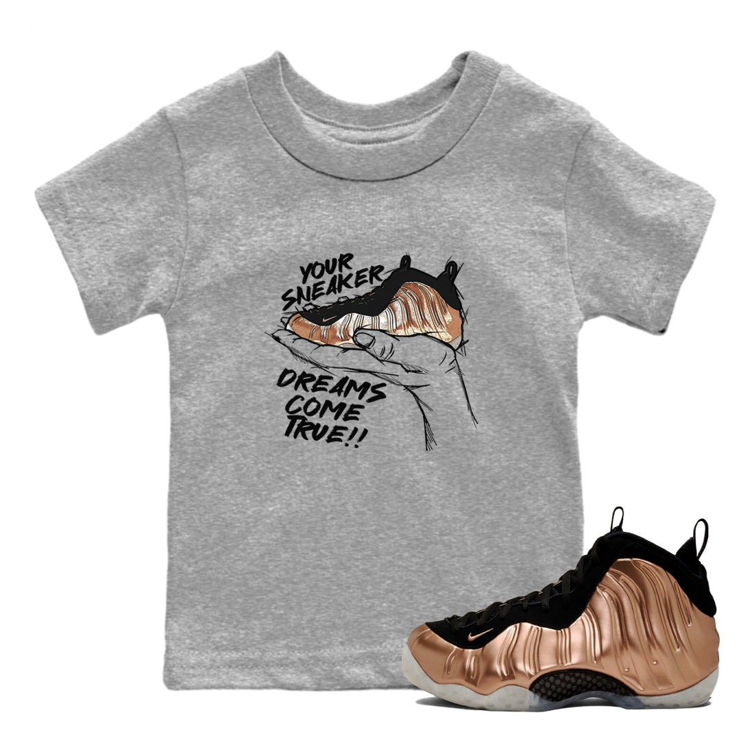 Foams One Metallic Copper shirts to match jordans Sneaker Dreams sneaker match tees Air Foamposite One Metallic Copper match shoes to clothes SNRT Sneaker Tees Youth Baby Heather Grey 1 tee