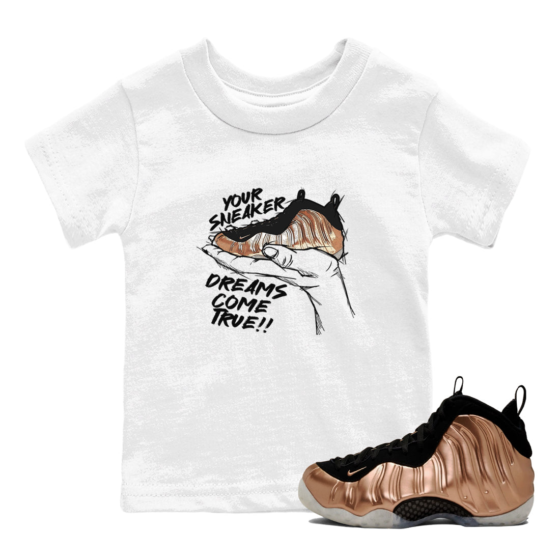 Foams One Metallic Copper shirts to match jordans Sneaker Dreams sneaker match tees Air Foamposite One Metallic Copper match shoes to clothes SNRT Sneaker Tees Youth Baby White 1 tee
