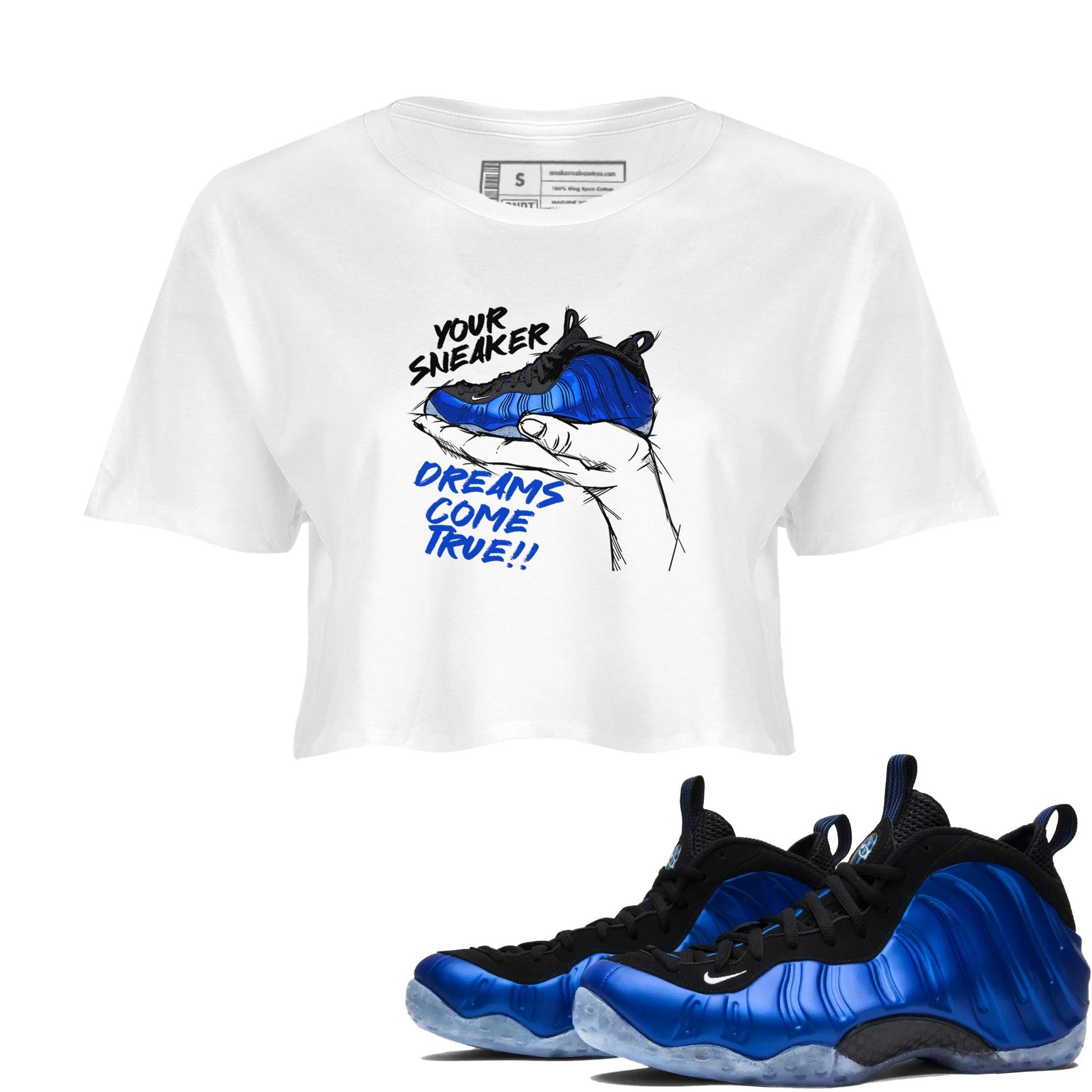 Foams One Royal shirts to match jordans Sneaker Dreams sneaker match tees Air Foamposite One Royal match shoes to clothes SNRT Sneaker Tees unisex cotton White 1 crop tee