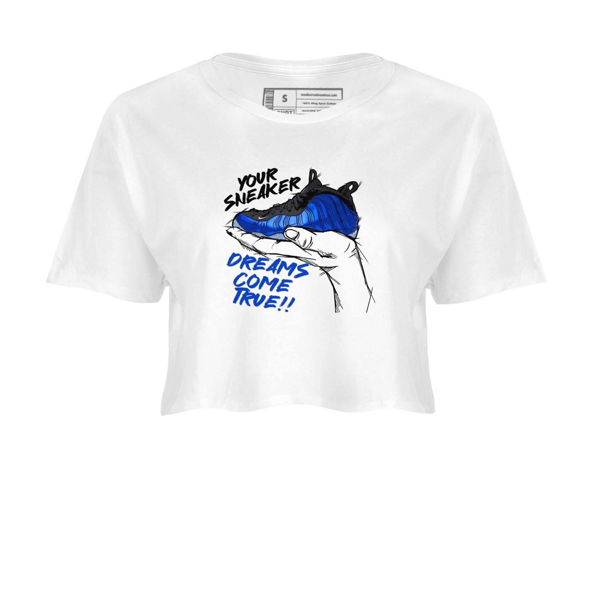 Foams One Royal shirts to match jordans Sneaker Dreams sneaker match tees Air Foamposite One Royal match shoes to clothes SNRT Sneaker Tees unisex cotton White 2 crop tee