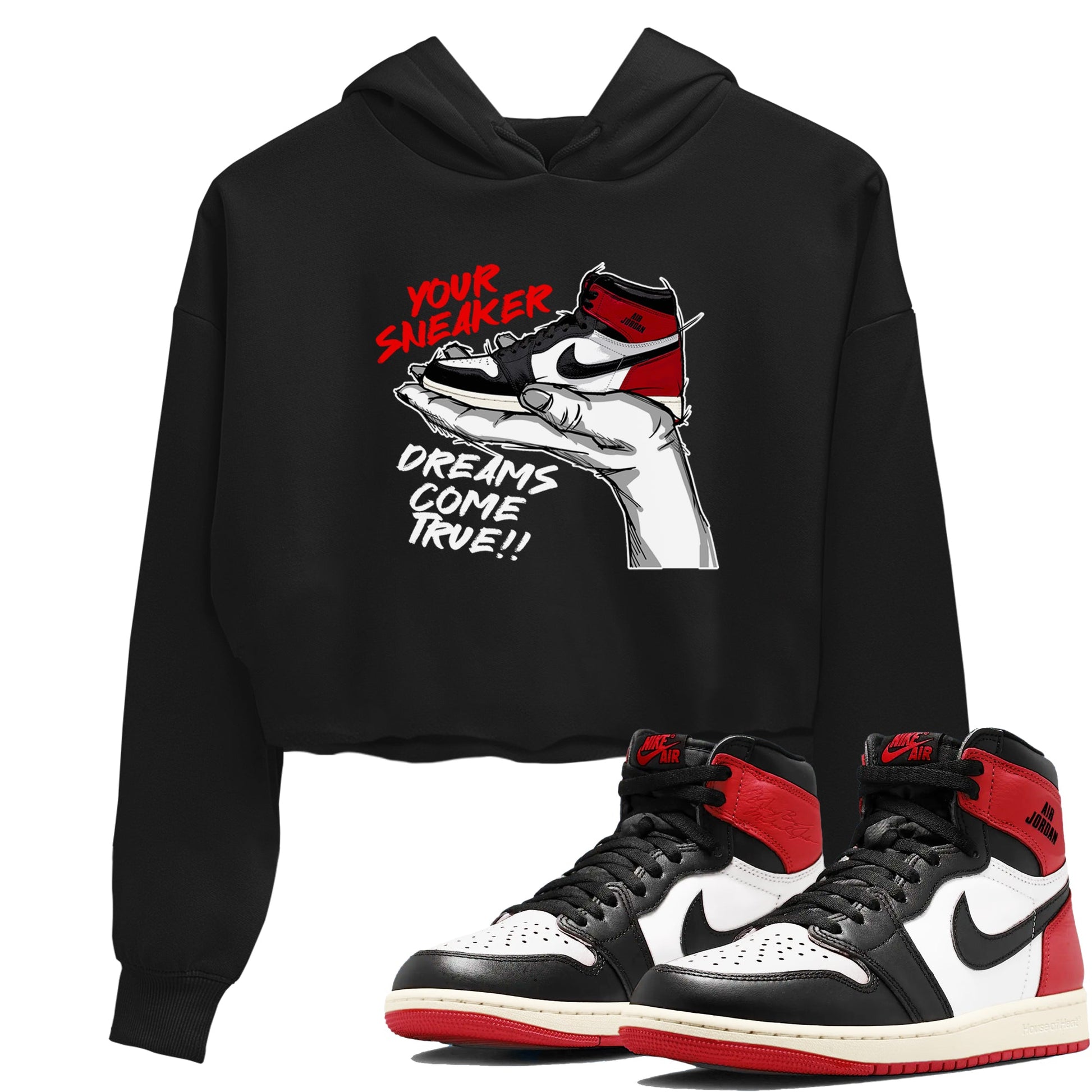 1s Black Toe Reimagined shirts to match jordans Sneaker Dreams sneaker match tees Air Jordan 1 High OG Black Toe Reimagined match shoes to clothes SNRT Sneaker Tees unisex cotton Black 1 crop tee