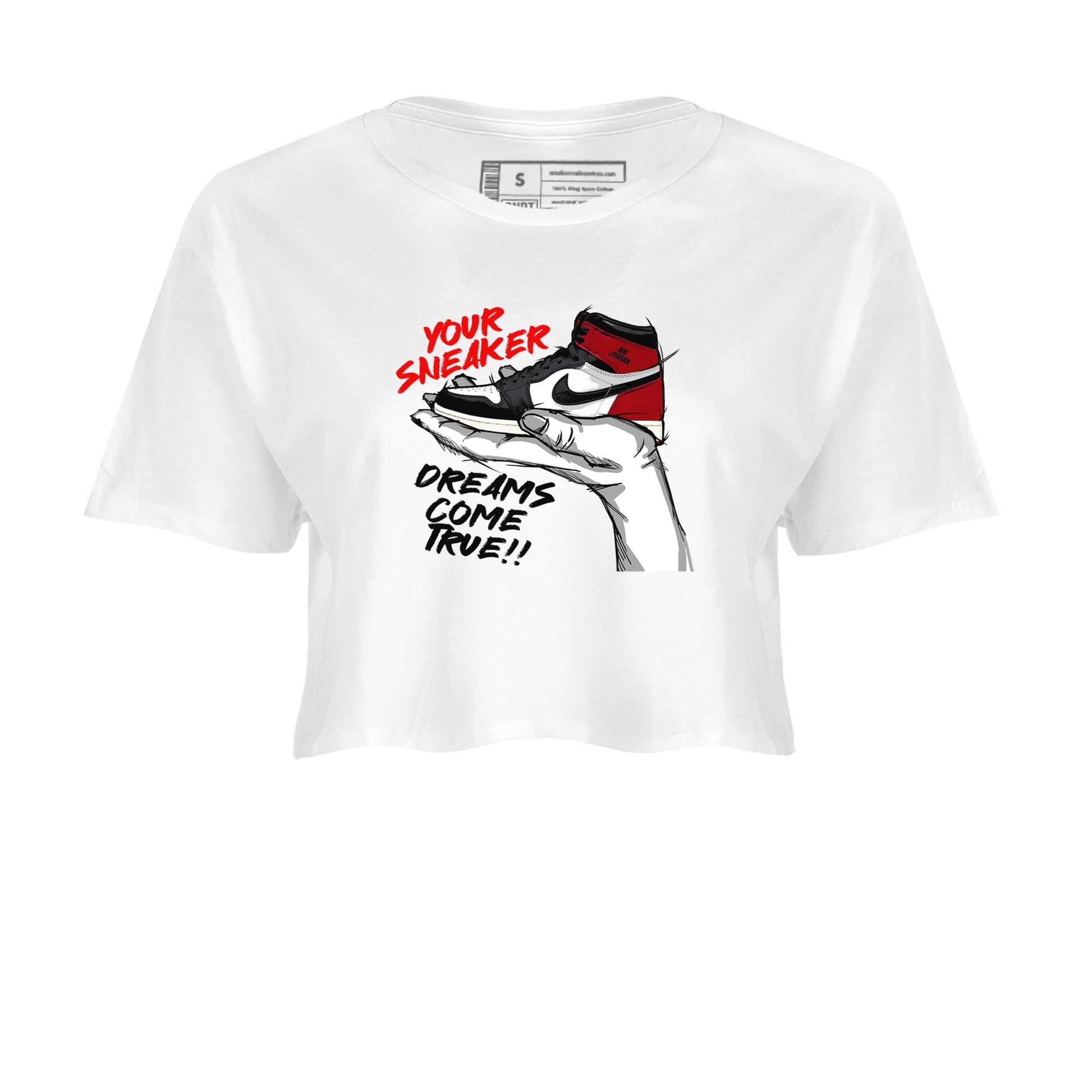 1s Black Toe Reimagined shirts to match jordans Sneaker Dreams sneaker match tees Air Jordan 1 High OG Black Toe Reimagined match shoes to clothes SNRT Sneaker Tees unisex cotton White 2 crop tee
