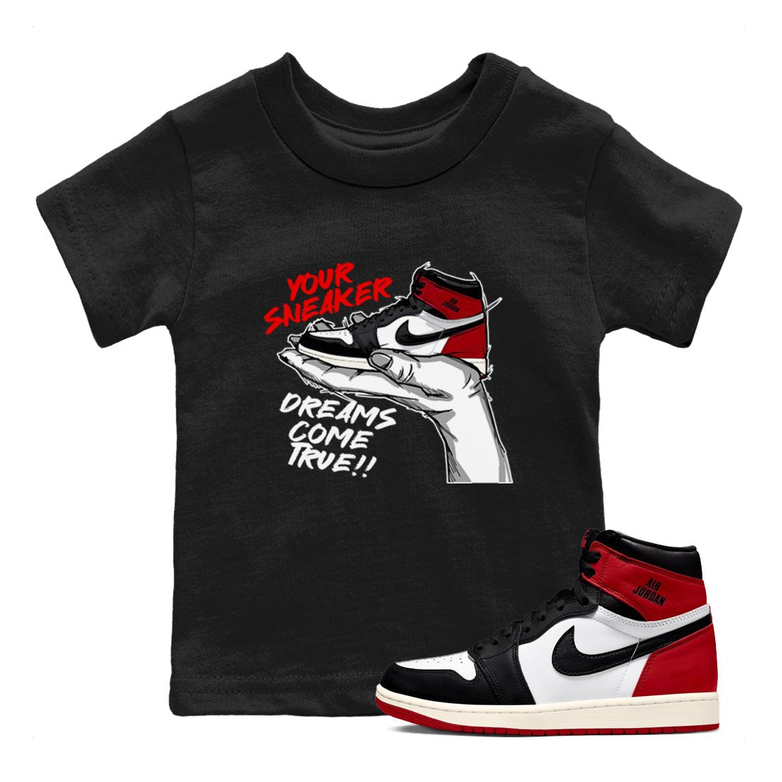 1s Black Toe Reimagined shirts to match jordans Sneaker Dreams sneaker match tees Air Jordan 1 High OG Black Toe Reimagined match shoes to clothes SNRT Sneaker Tees Youth Baby Black 1 tee