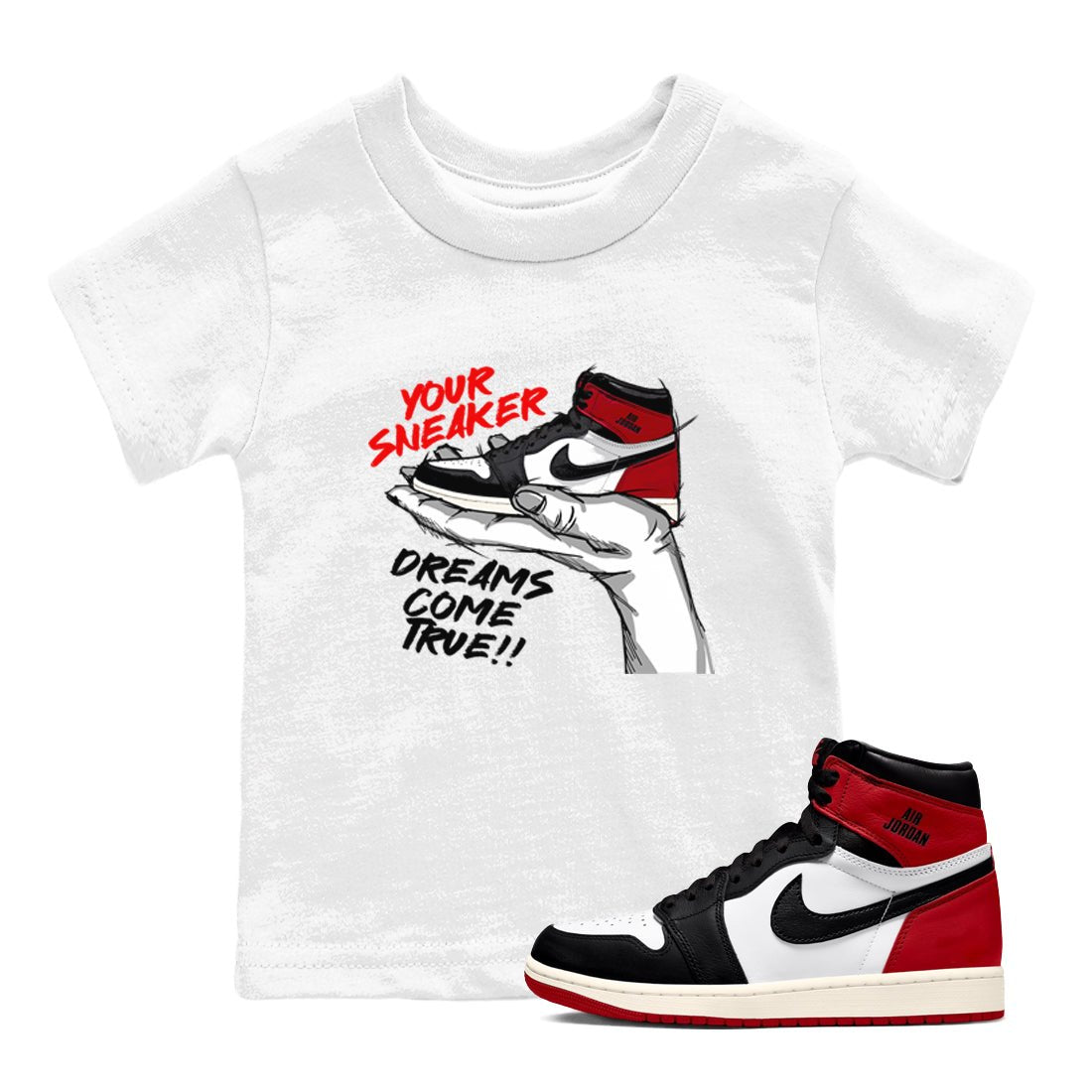 1s Black Toe Reimagined shirts to match jordans Sneaker Dreams sneaker match tees Air Jordan 1 High OG Black Toe Reimagined match shoes to clothes SNRT Sneaker Tees Youth Baby White 1 tee