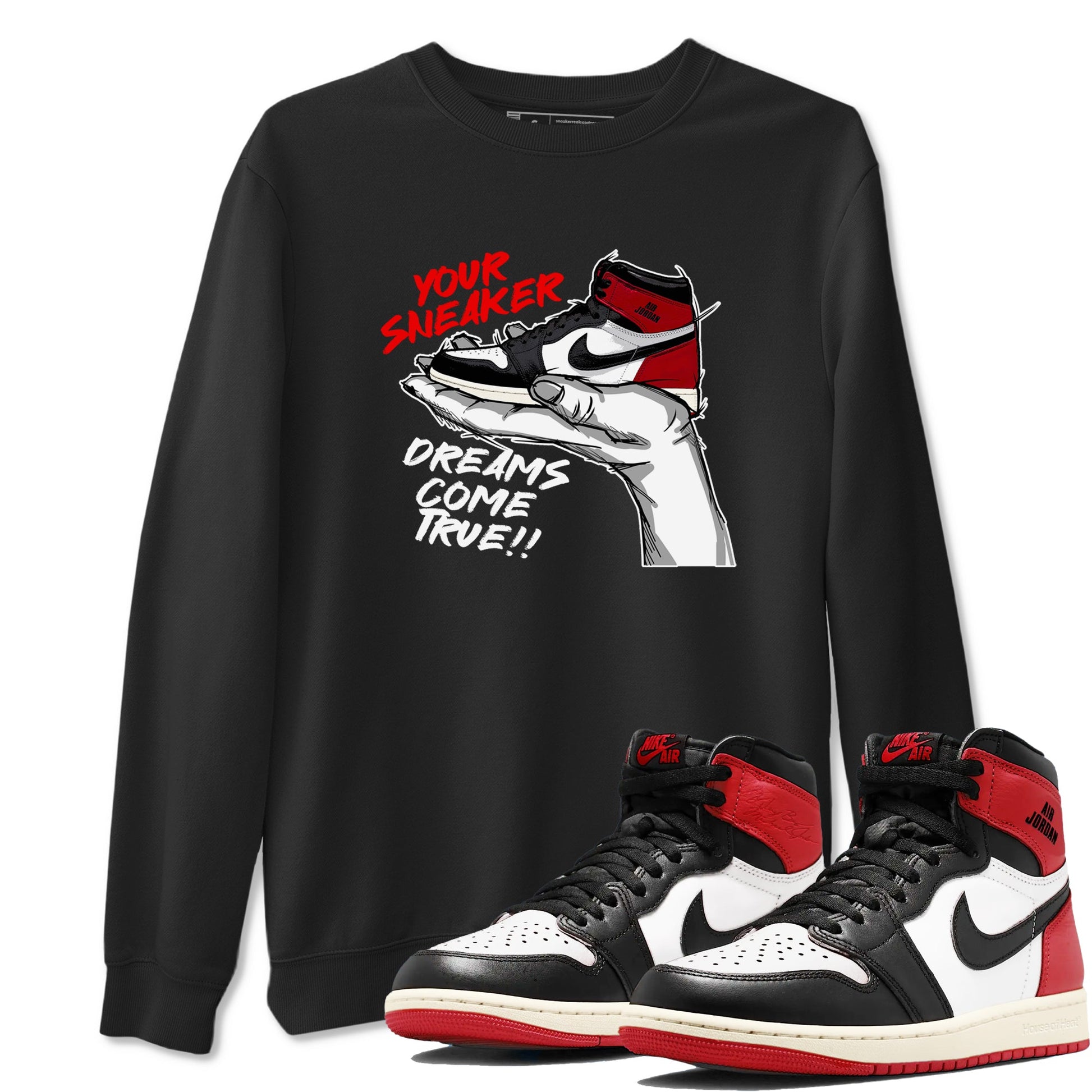 1s Black Toe Reimagined shirts to match jordans Sneaker Dreams sneaker match tees Air Jordan 1 High OG Black Toe Reimagined match shoes to clothes SNRT Sneaker Tees unisex cotton Black 1 shirts