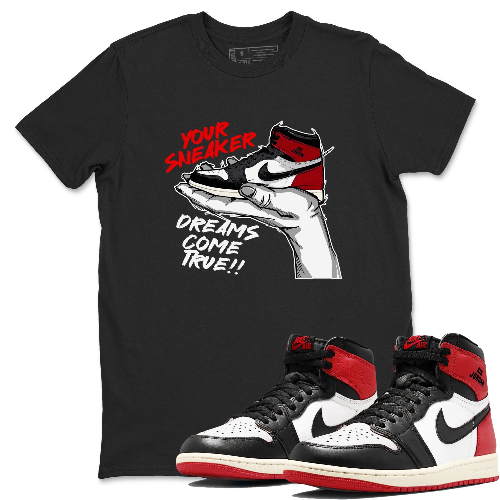 1s Black Toe Reimagined shirts to match jordans Sneaker Dreams sneaker match tees Air Jordan 1 High OG Black Toe Reimagined match shoes to clothes SNRT Sneaker Tees unisex cotton Black 1 shirts