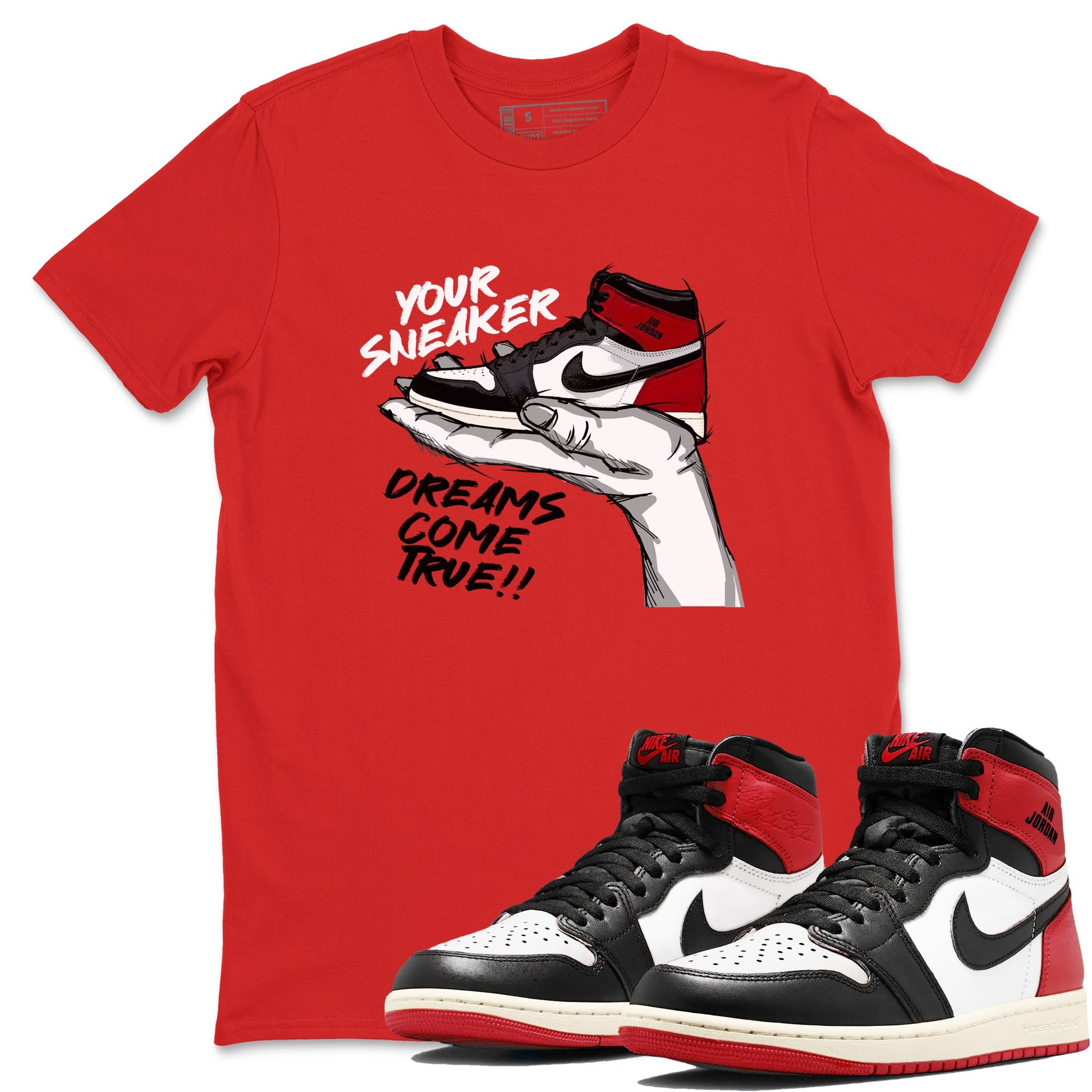 1s Black Toe Reimagined shirts to match jordans Sneaker Dreams sneaker match tees Air Jordan 1 High OG Black Toe Reimagined match shoes to clothes SNRT Sneaker Tees unisex cotton Red 1 shirts