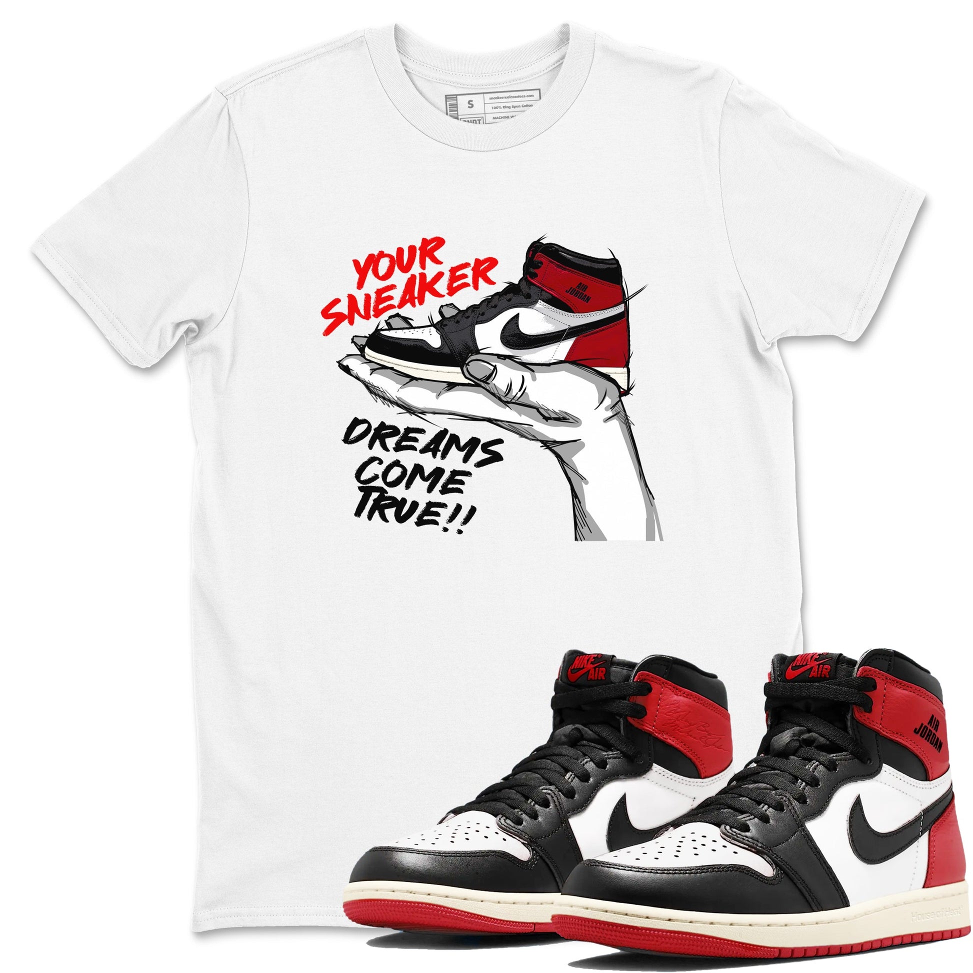 1s Black Toe Reimagined shirts to match jordans Sneaker Dreams sneaker match tees Air Jordan 1 High OG Black Toe Reimagined match shoes to clothes SNRT Sneaker Tees unisex cotton White 1 shirts