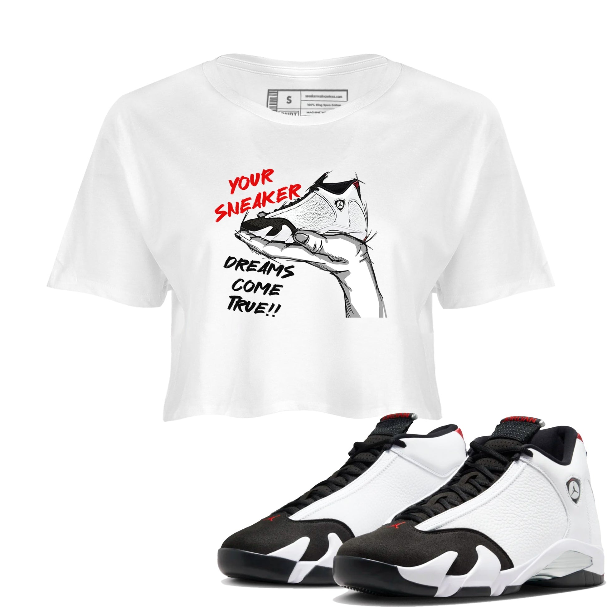 Jordan 14 Retro Black Toe t shirts to match sneakers Sneaker Dreams sneaker match tees 14s Black Toe sneaker match tee SNRT Sneaker Tees unisex cotton White 1 crop tee