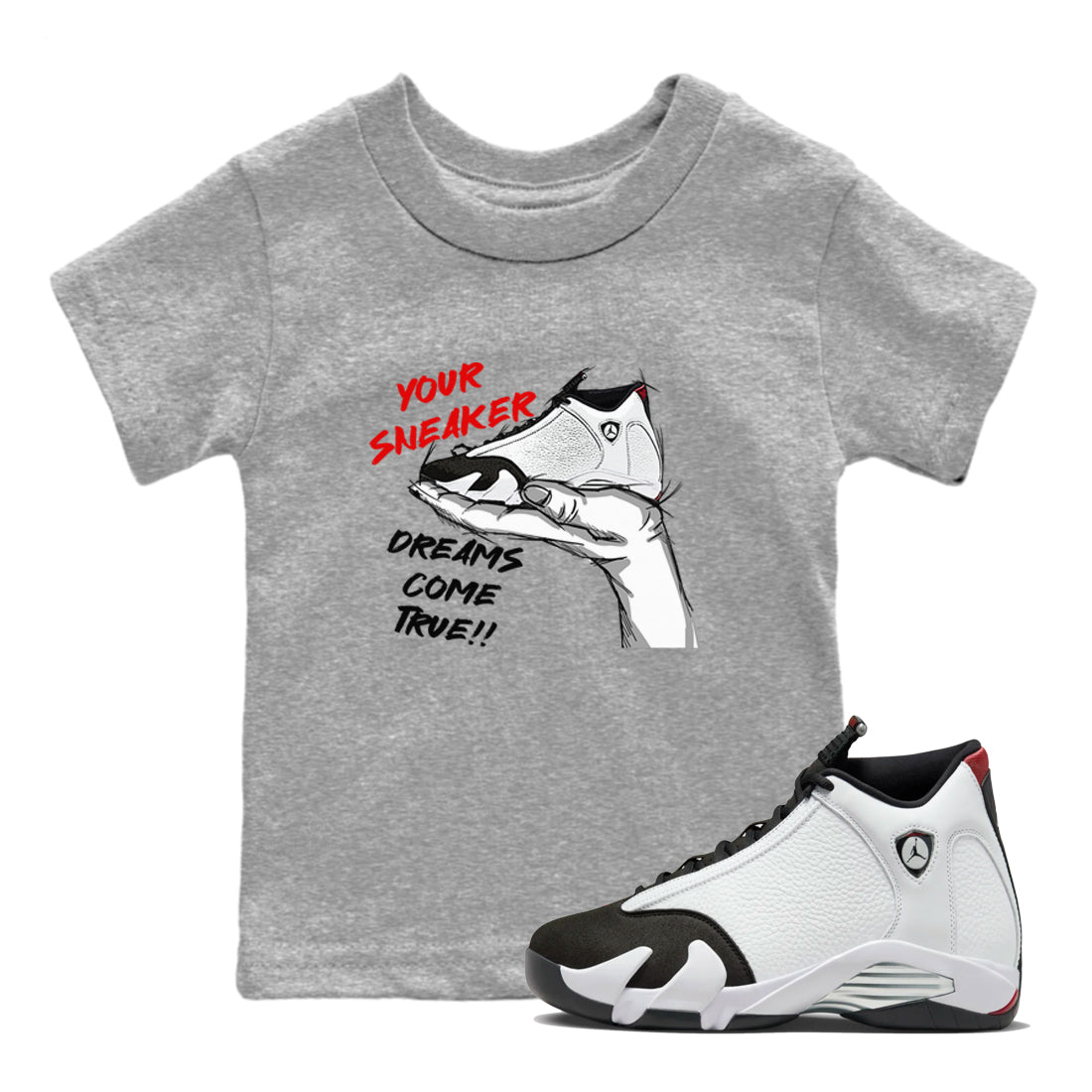 Jordan 14 Retro Black Toe t shirts to match sneakers Sneaker Dreams sneaker match tees 14s Black Toe sneaker match tee SNRT Sneaker Tees Youth Baby Heather Grey 1 tee