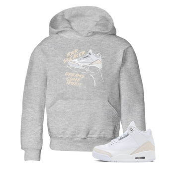 Sneaker Dreams baby and kids t-shirt crafted for little sneakerheads to shine with the Air Jordan 3 Pure Money sneakers, displayed in Heather Grey 1.