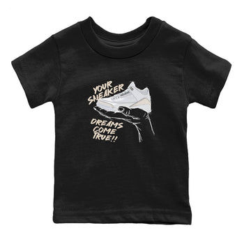 Sneaker Dreams baby and kids t-shirt crafted for little sneakerheads to shine with the Air Jordan 3 Pure Money sneakers, displayed in Black 2.