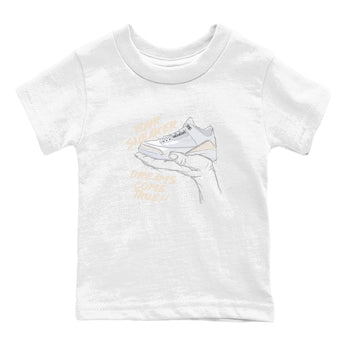 Sneaker Dreams baby and kids t-shirt crafted for little sneakerheads to shine with the Air Jordan 3 Pure Money sneakers, displayed in White 2.