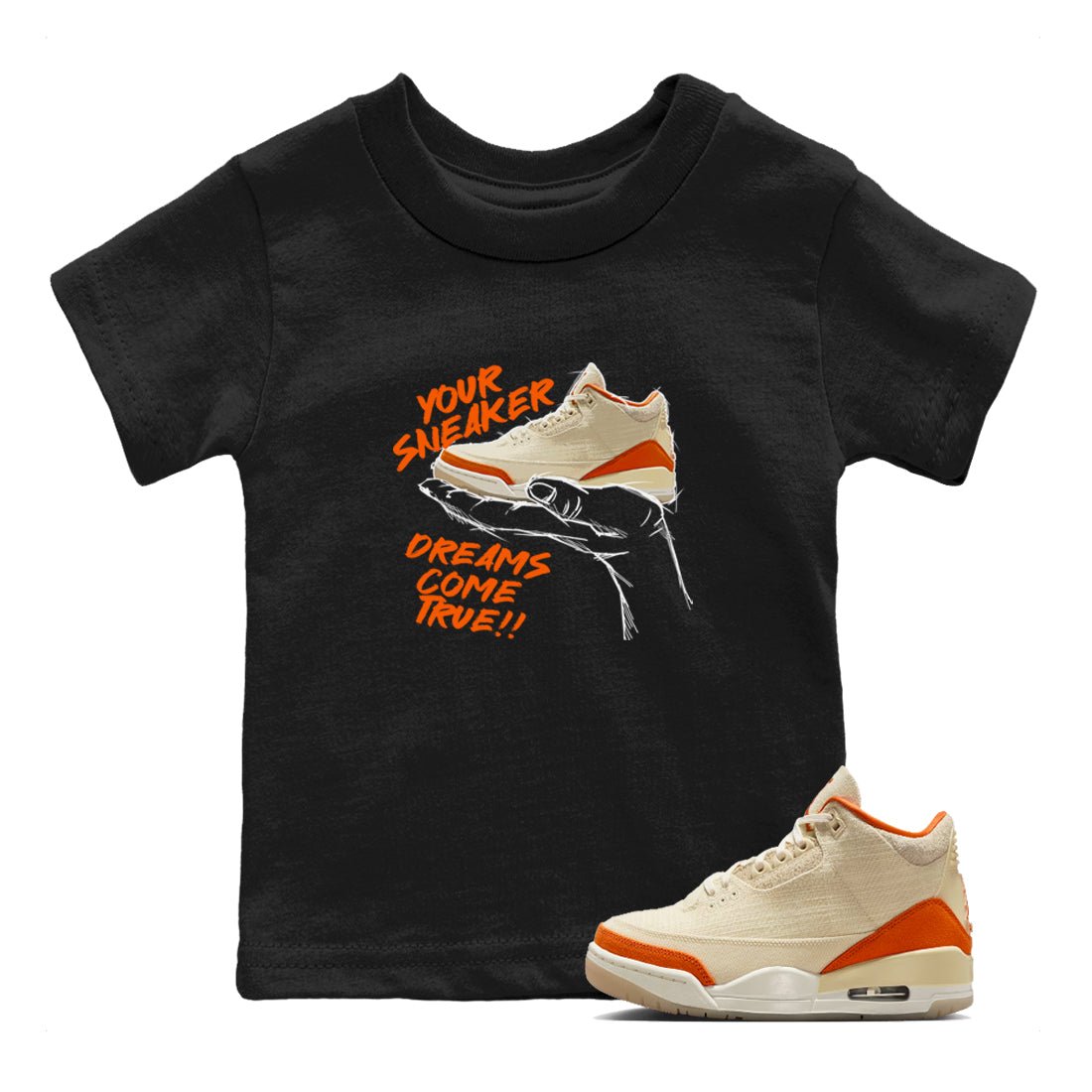 Sneaker Dreams baby and kids t-shirt crafted for little sneakerheads to shine with the Air Jordan 3 Starfish sneakers, displayed in Black 1.