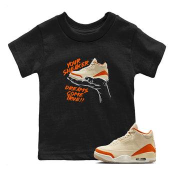 Sneaker Dreams baby and kids t-shirt crafted for little sneakerheads to shine with the Air Jordan 3 Starfish sneakers, displayed in Black 1.