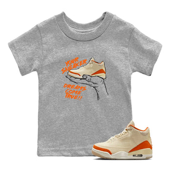 Sneaker Dreams baby and kids t-shirt crafted for little sneakerheads to shine with the Air Jordan 3 Starfish sneakers, displayed in Heather Grey 1.