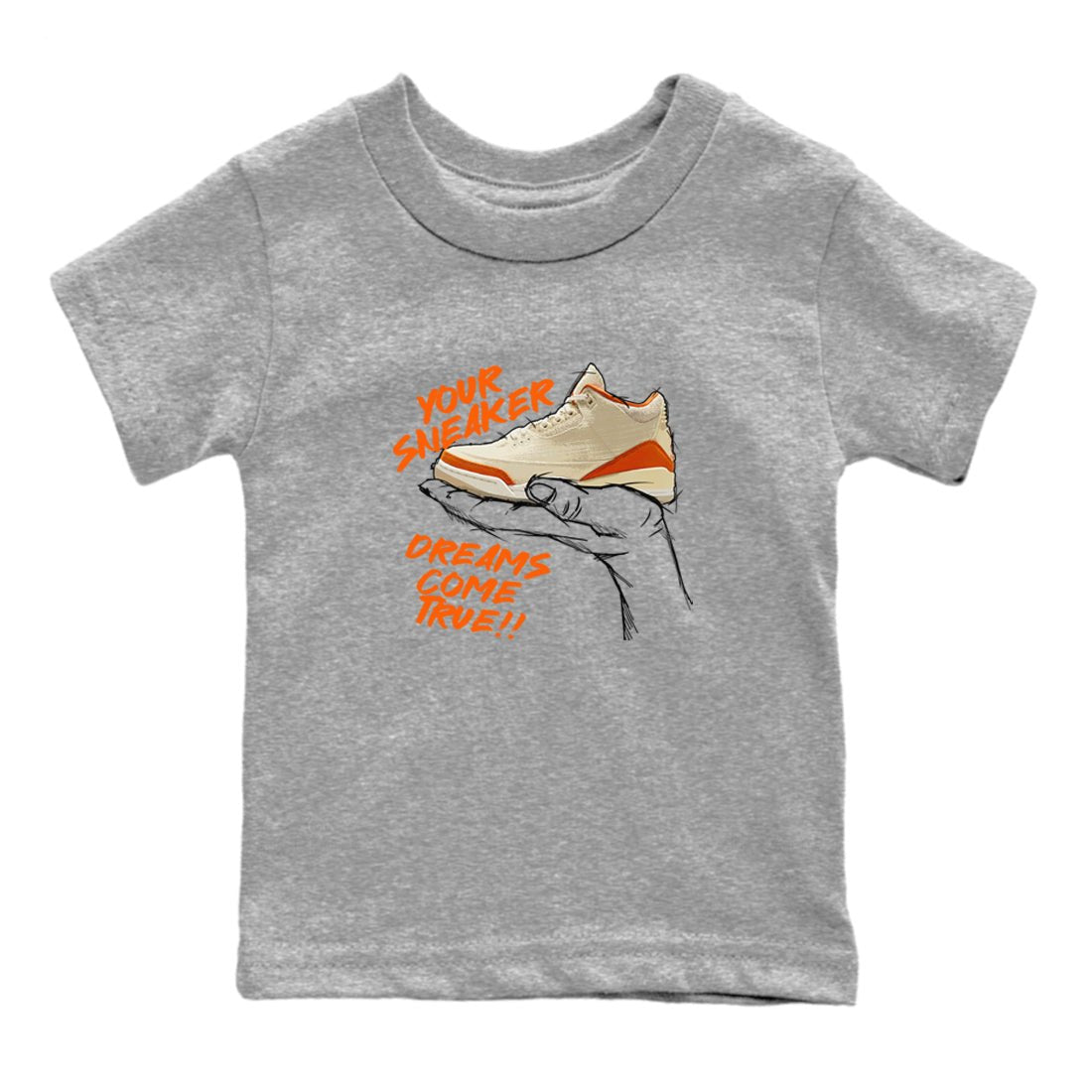 Sneaker Dreams baby and kids t-shirt crafted for little sneakerheads to shine with the Air Jordan 3 Starfish sneakers, displayed in Heather Grey 2.