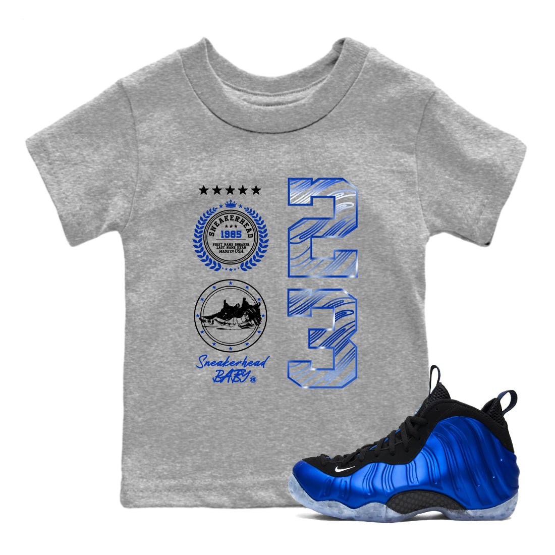 Foams One Royal shirts to match jordans Sneaker Emblem sneaker match tees Air Foamposite One Royal match shoes to clothes SNRT Sneaker Tees Youth Baby Heather Grey 1 tee
