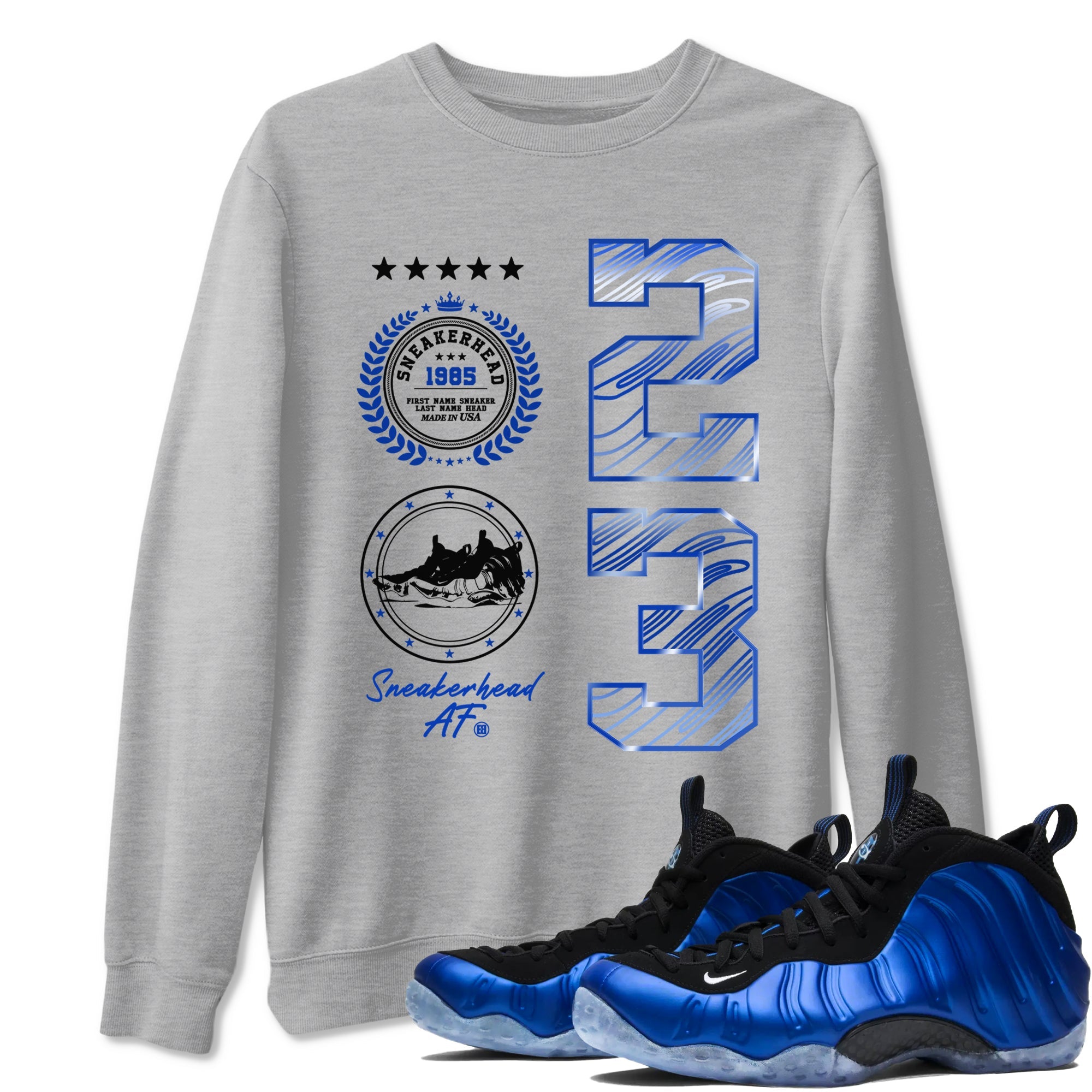 Foams One Royal shirts to match jordans Sneaker Emblem sneaker match tees Air Foamposite One Royal match shoes to clothes SNRT Sneaker Tees unisex cotton Heather Grey 1 shirts