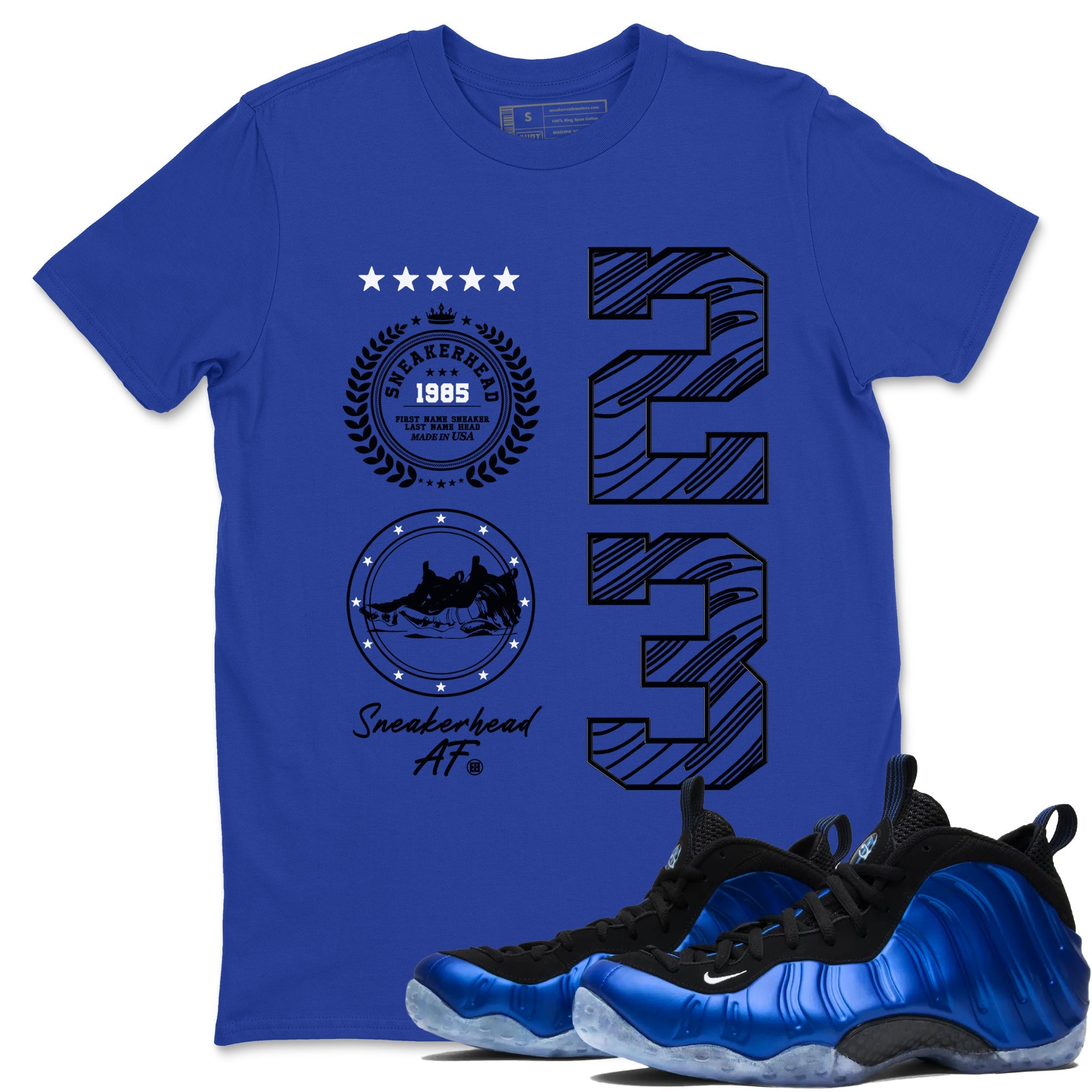 Foams One Royal shirts to match jordans Sneaker Emblem sneaker match tees Air Foamposite One Royal match shoes to clothes SNRT Sneaker Tees unisex cotton Royal Blue 1 shirts