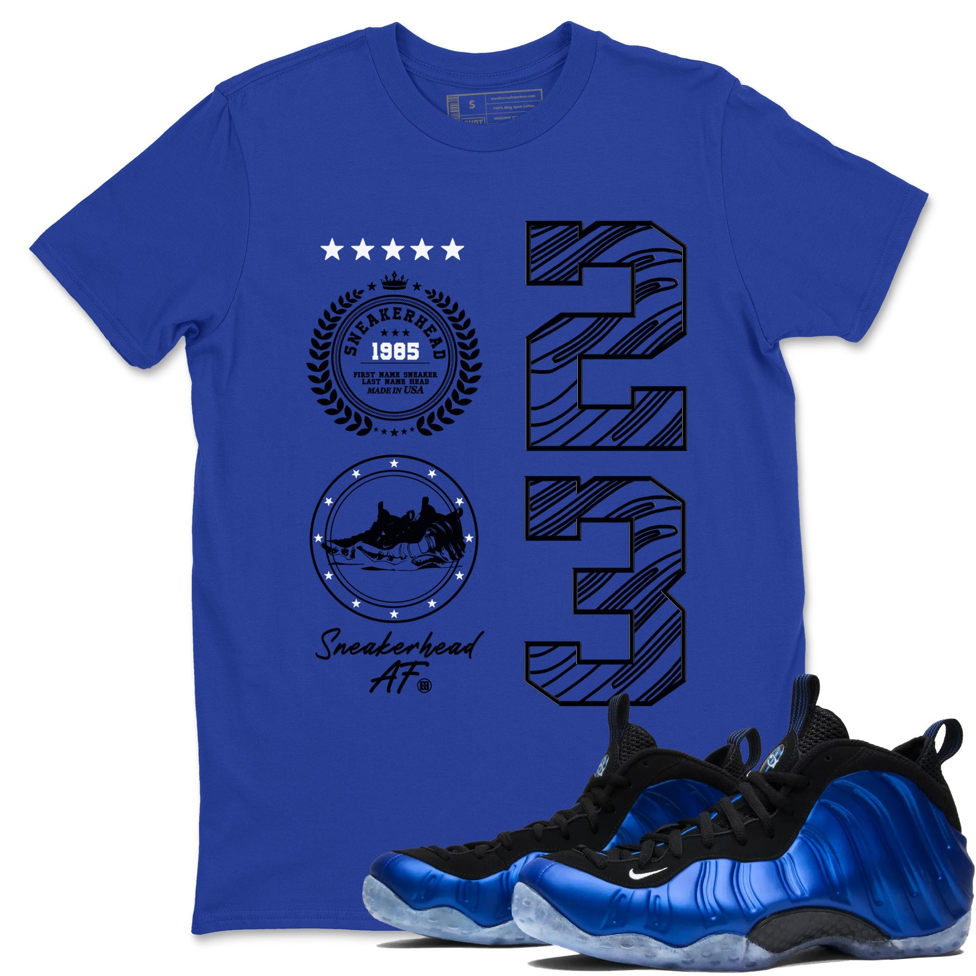 Foams One Royal shirts to match jordans Sneaker Emblem sneaker match tees Air Foamposite One Royal match shoes to clothes SNRT Sneaker Tees unisex cotton Royal Blue 1 shirts