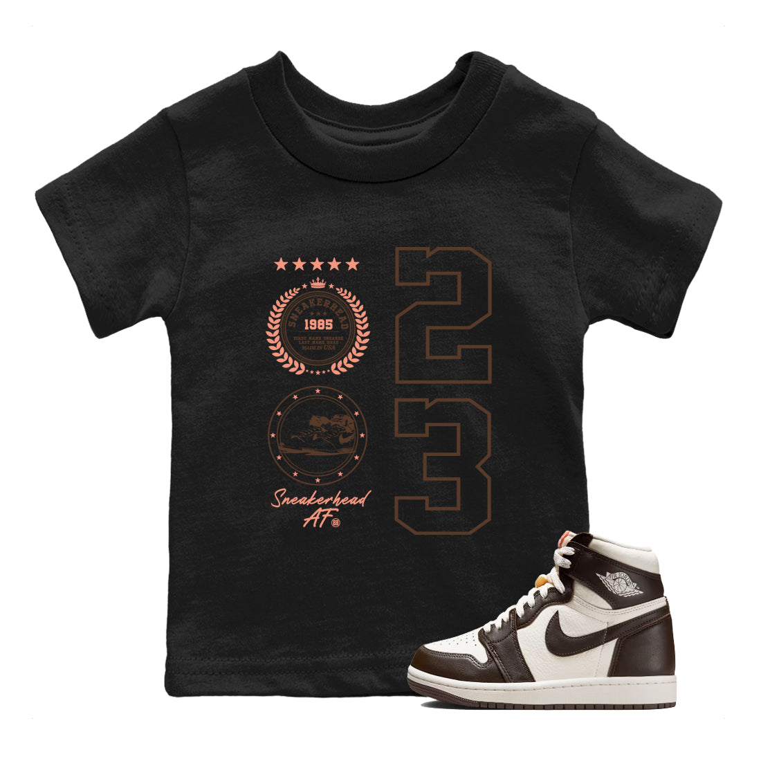 Sneaker match tees – Sneaker Tees To Match Air Jordan 1 Baroque Brown Shoes – Sneaker Emblem Kids T-Shirt Black 1