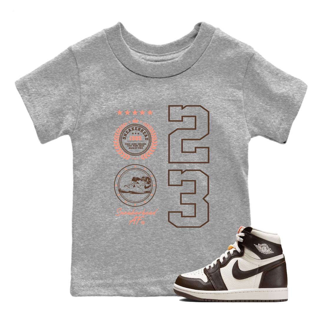Sneaker match tees – Sneaker Tees To Match Air Jordan 1 Baroque Brown Shoes – Sneaker Emblem Kids T-Shirt Heather Grey 1