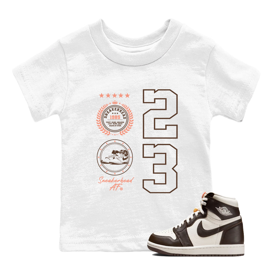 Sneaker match tees – Sneaker Tees To Match Air Jordan 1 Baroque Brown Shoes – Sneaker Emblem Kids T-Shirt White 1