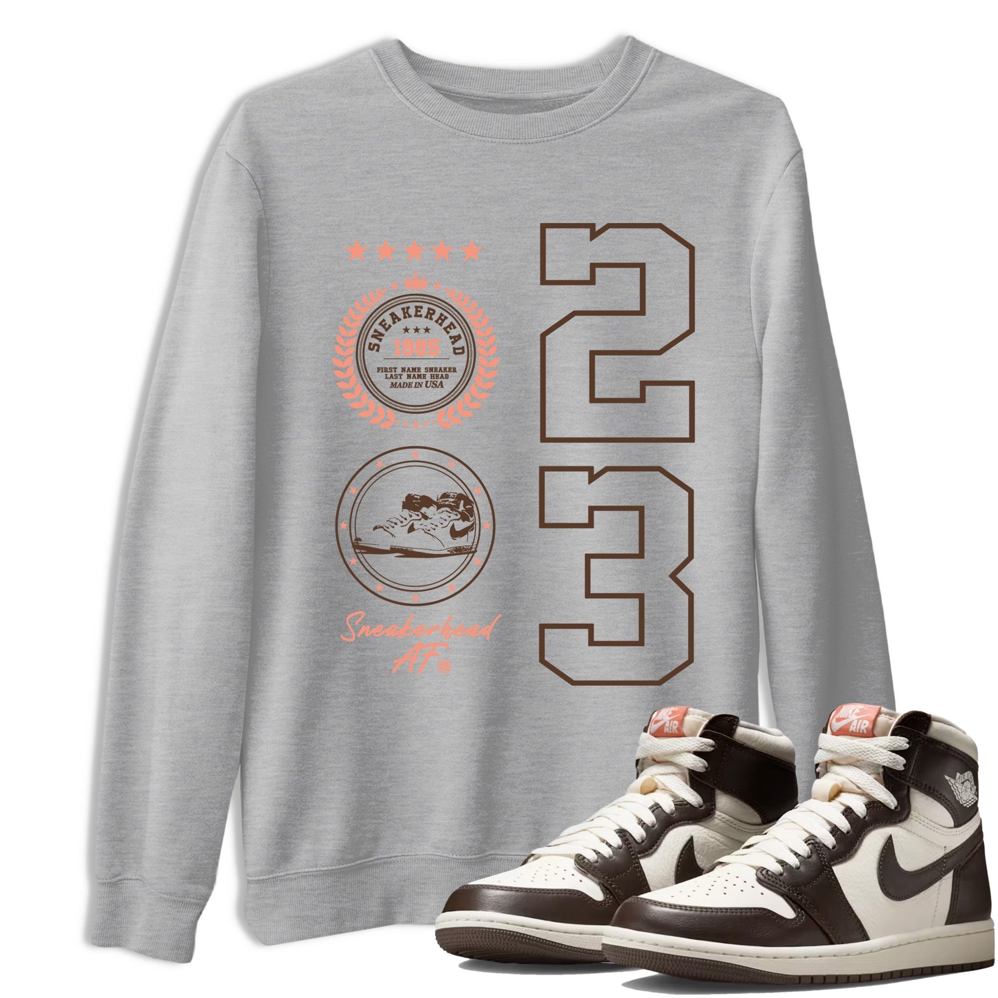 Sneaker match tees – Sneaker Tees To Match Air Jordan 1 Baroque Brown Shoes – Sneaker Emblem Tee Heather Grey 1