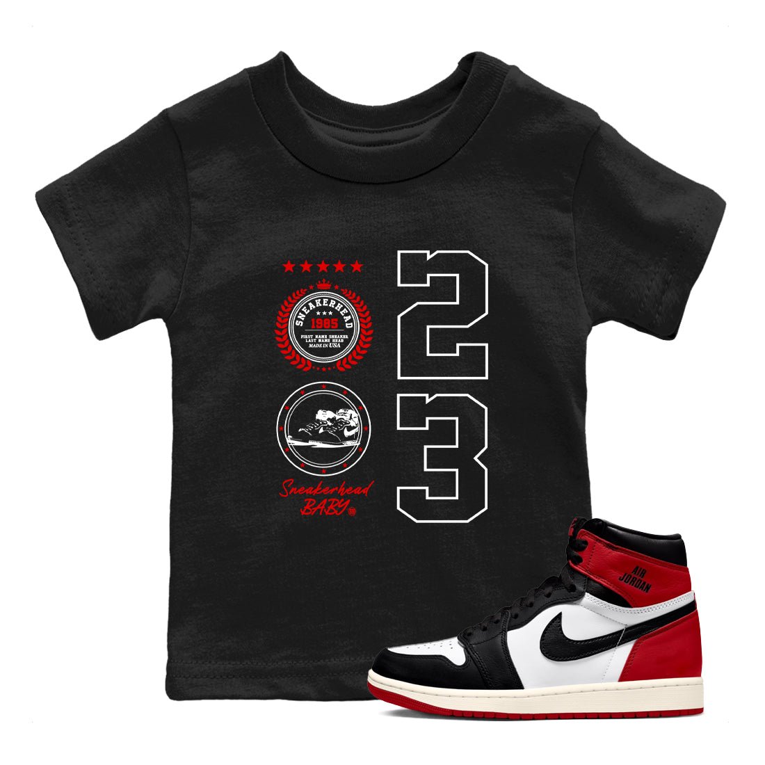 Air Jordan 1 High OG Black Toe Reimagined shirts to match jordans Sneaker Emblem sneaker match tees 1s Black Toe Reimagined SNRT Sneaker Release Tees Youth Baby Black 1 crew neck shirts