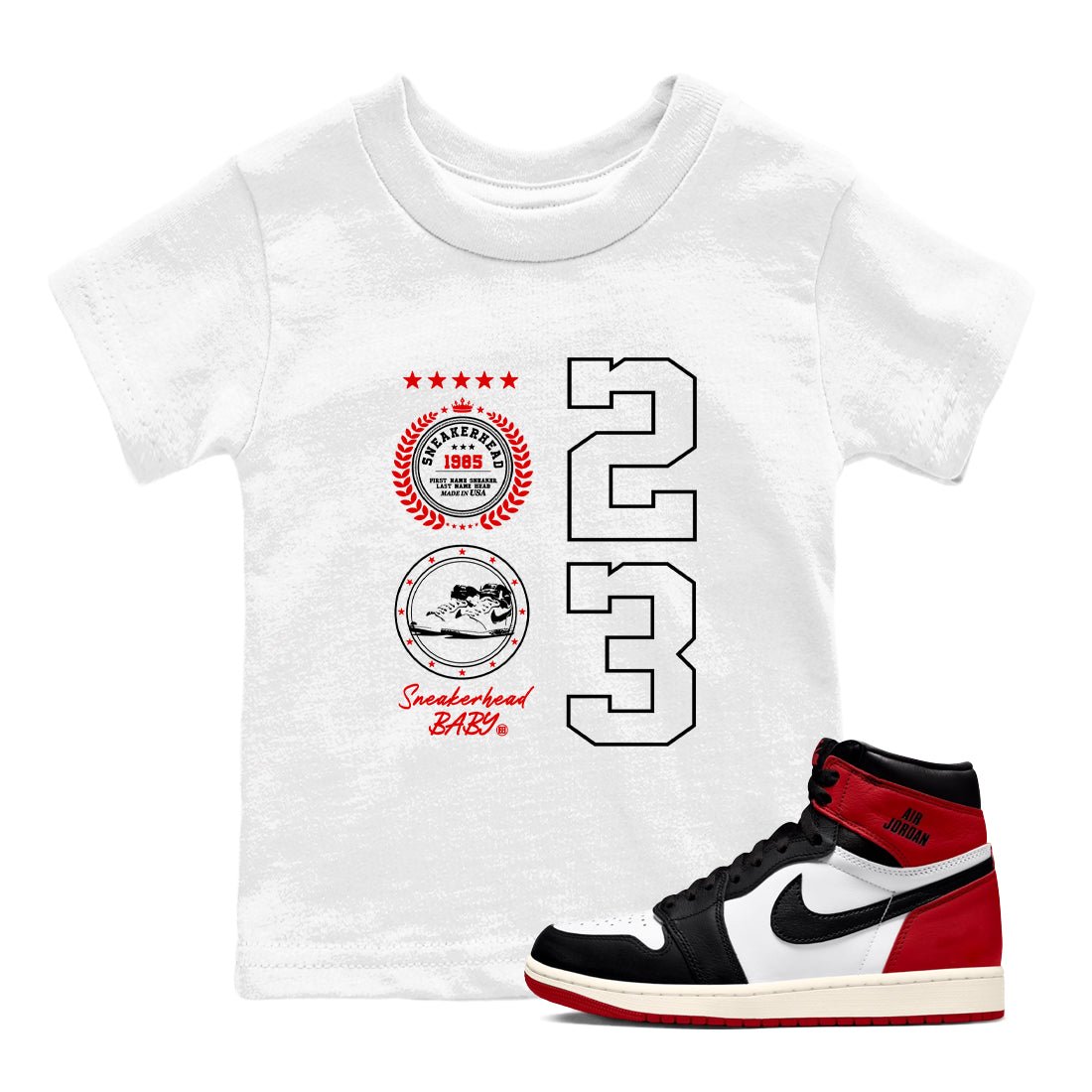 Air Jordan 1 High OG Black Toe Reimagined shirts to match jordans Sneaker Emblem sneaker match tees 1s Black Toe Reimagined SNRT Sneaker Release Tees Youth Baby White 1 crew neck shirts