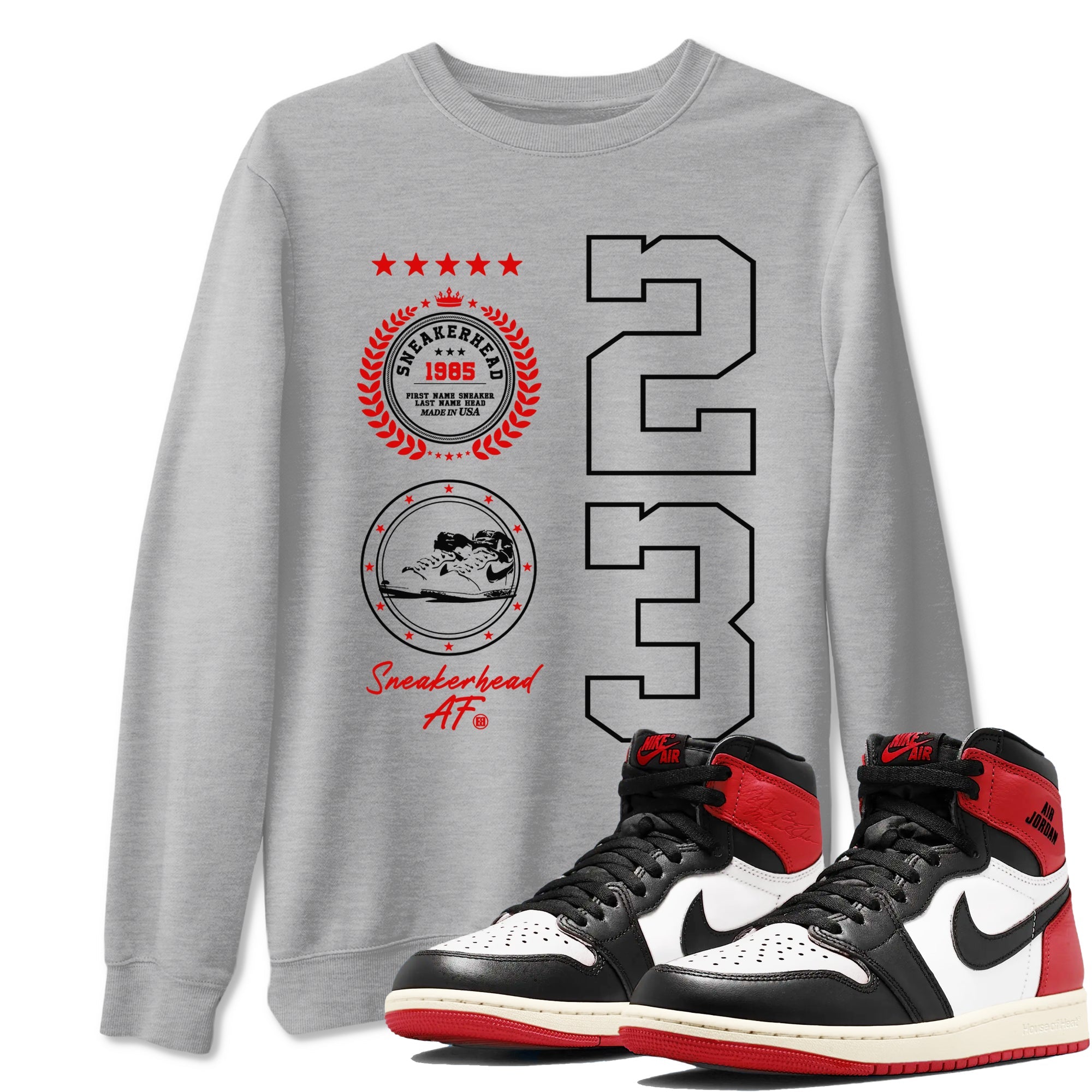 Air Jordan 1 High OG Black Toe Reimagined shirts to match jordans Sneaker Emblem sneaker match tees 1s Black Toe Reimagined SNRT Sneaker Release Tees unisex cotton Heather Grey 1 crew neck shirts