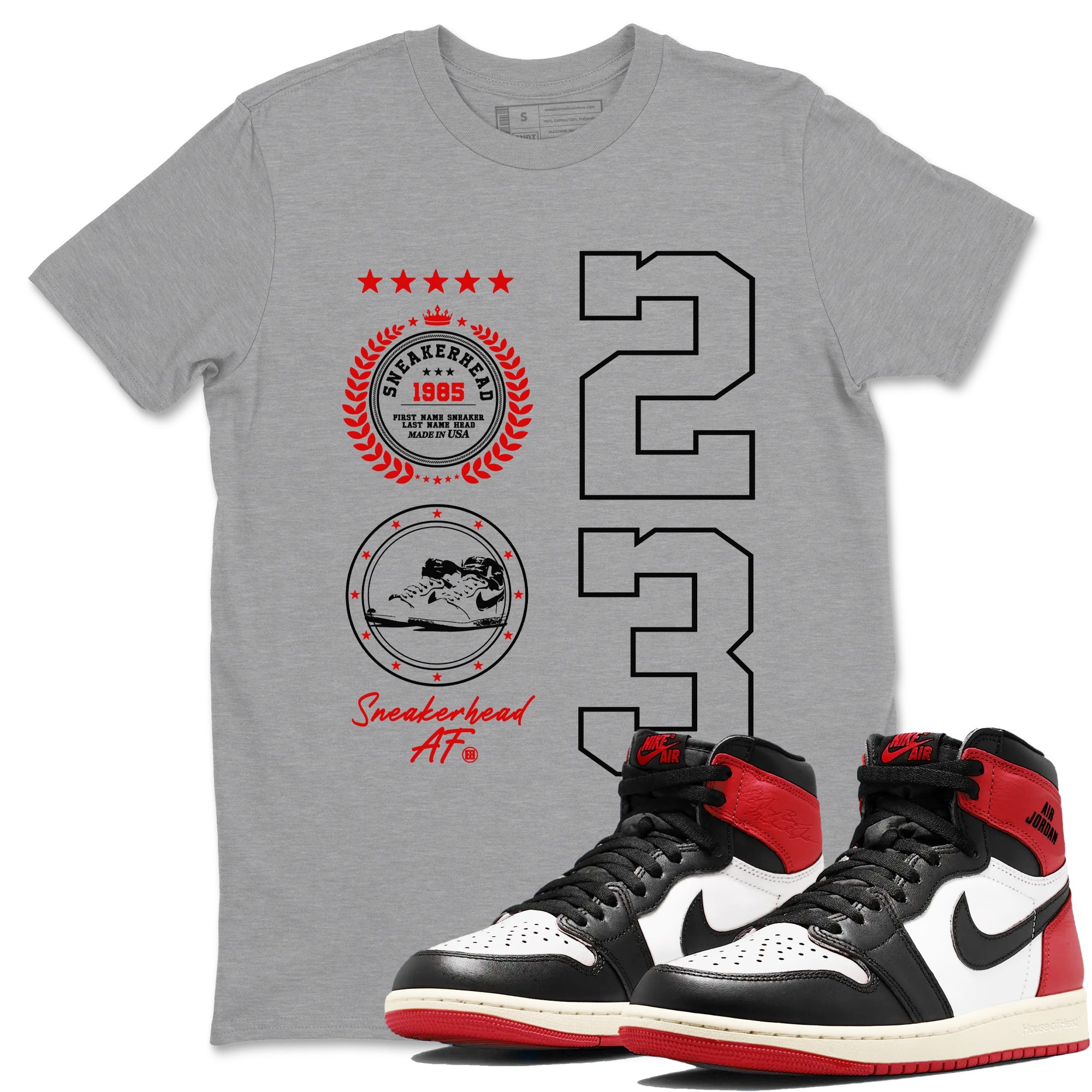 Air Jordan 1 High OG Black Toe Reimagined shirts to match jordans Sneaker Emblem sneaker match tees 1s Black Toe Reimagined SNRT Sneaker Release Tees unisex cotton Heather Grey 1 crew neck shirts