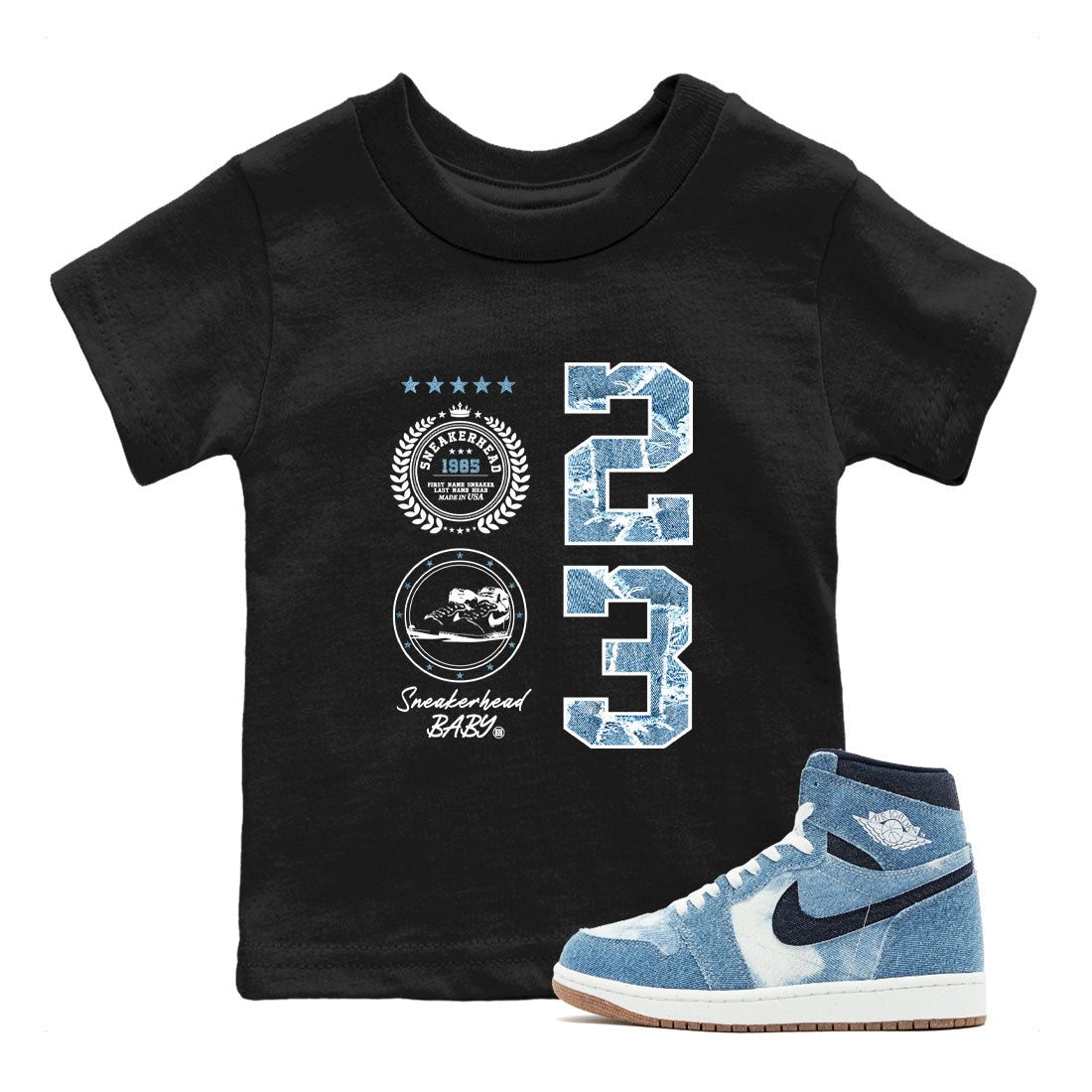 1s Denim shirt to match jordans Sneaker Emblem sneaker tees Air Jordan 1 Denim SNRT sneaker release tees baby toddler Black 1 cotton Shirt