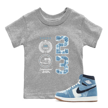 1s Denim shirt to match jordans Sneaker Emblem sneaker tees Air Jordan 1 Denim SNRT sneaker release tees baby toddler Heather Grey 1 cotton Shirt