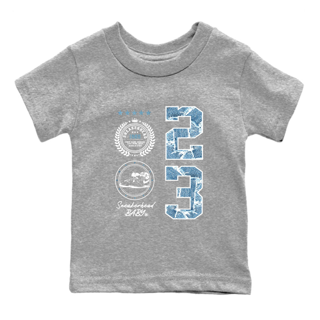 1s Denim shirt to match jordans Sneaker Emblem sneaker tees Air Jordan 1 Denim SNRT sneaker release tees baby toddler Heather Grey 2 cotton Shirt