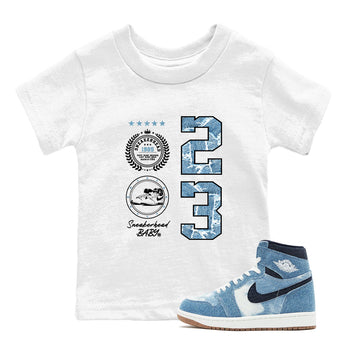 1s Denim shirt to match jordans Sneaker Emblem sneaker tees Air Jordan 1 Denim SNRT sneaker release tees baby toddler White 1 cotton Shirt