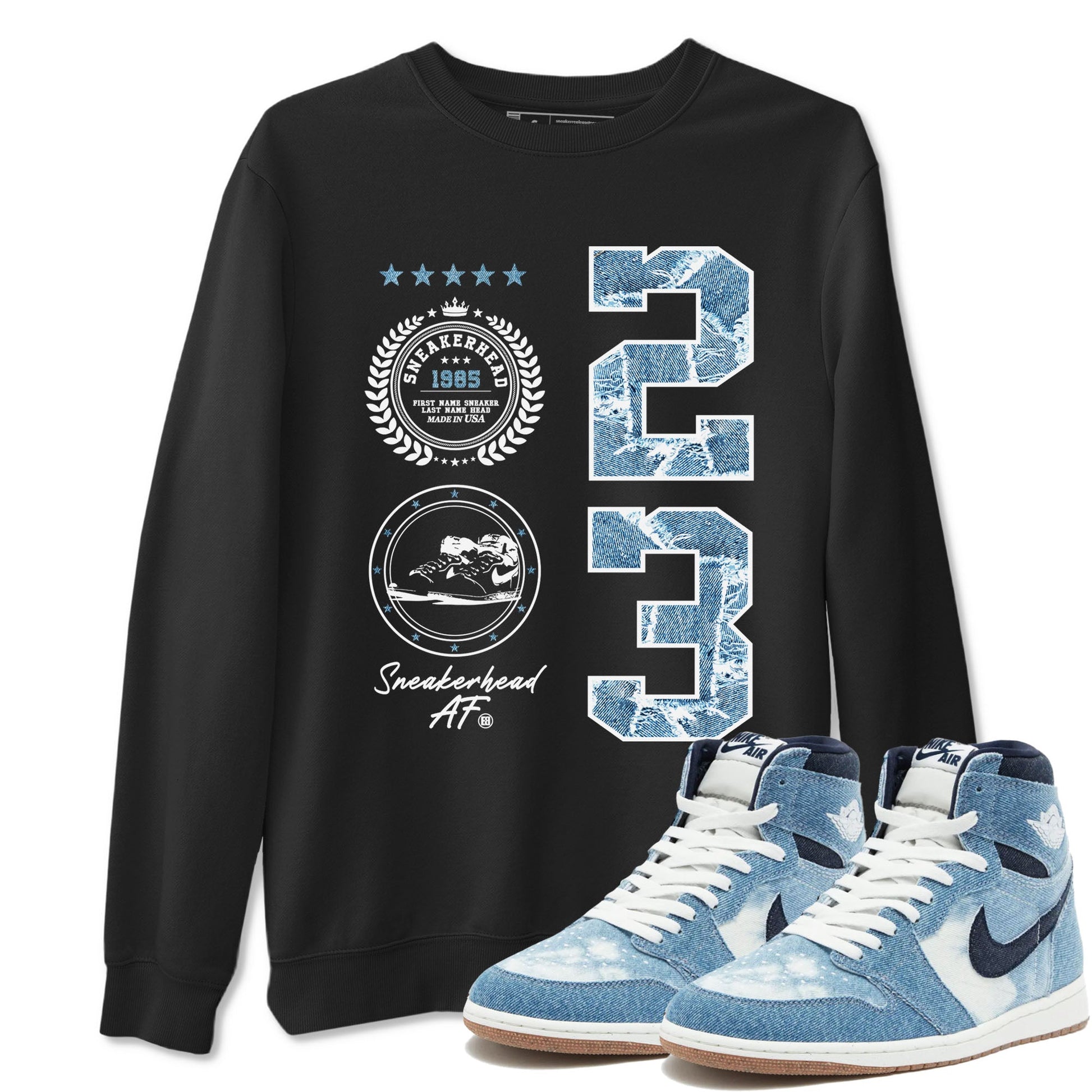 1s Denim shirt to match jordans Sneaker Emblem sneaker tees Air Jordan 1 Denim SNRT Sneaker Release Tees unisex cotton Black 1 crew neck shirt