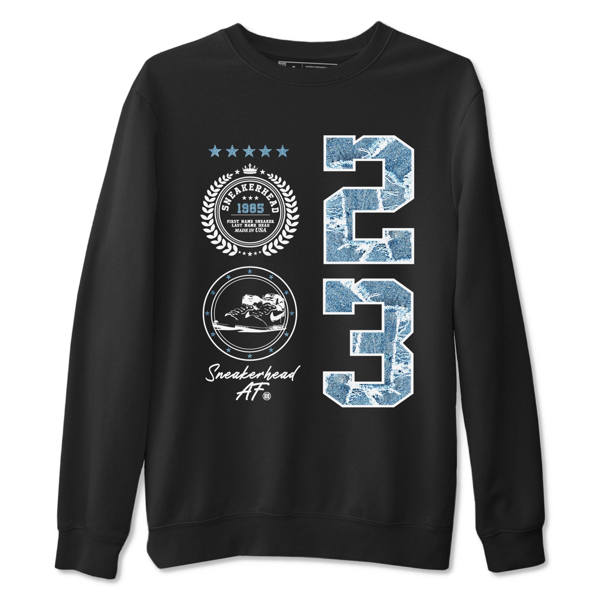 1s Denim shirt to match jordans Sneaker Emblem sneaker tees Air Jordan 1 Denim SNRT Sneaker Release Tees unisex cotton Black 2 crew neck shirt