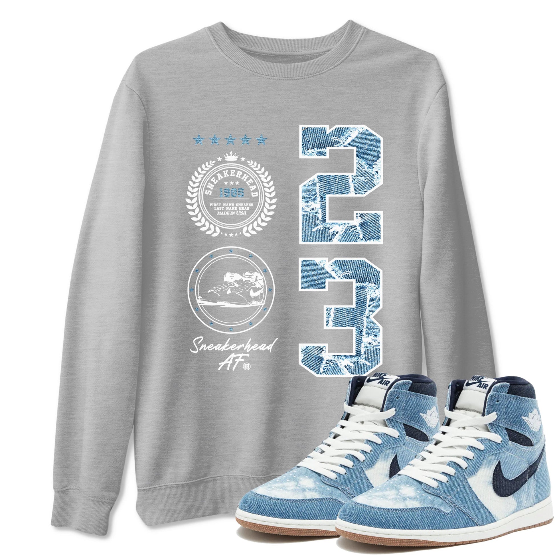 1s Denim shirt to match jordans Sneaker Emblem sneaker tees Air Jordan 1 Denim SNRT Sneaker Release Tees unisex cotton Heather Grey 1 crew neck shirt
