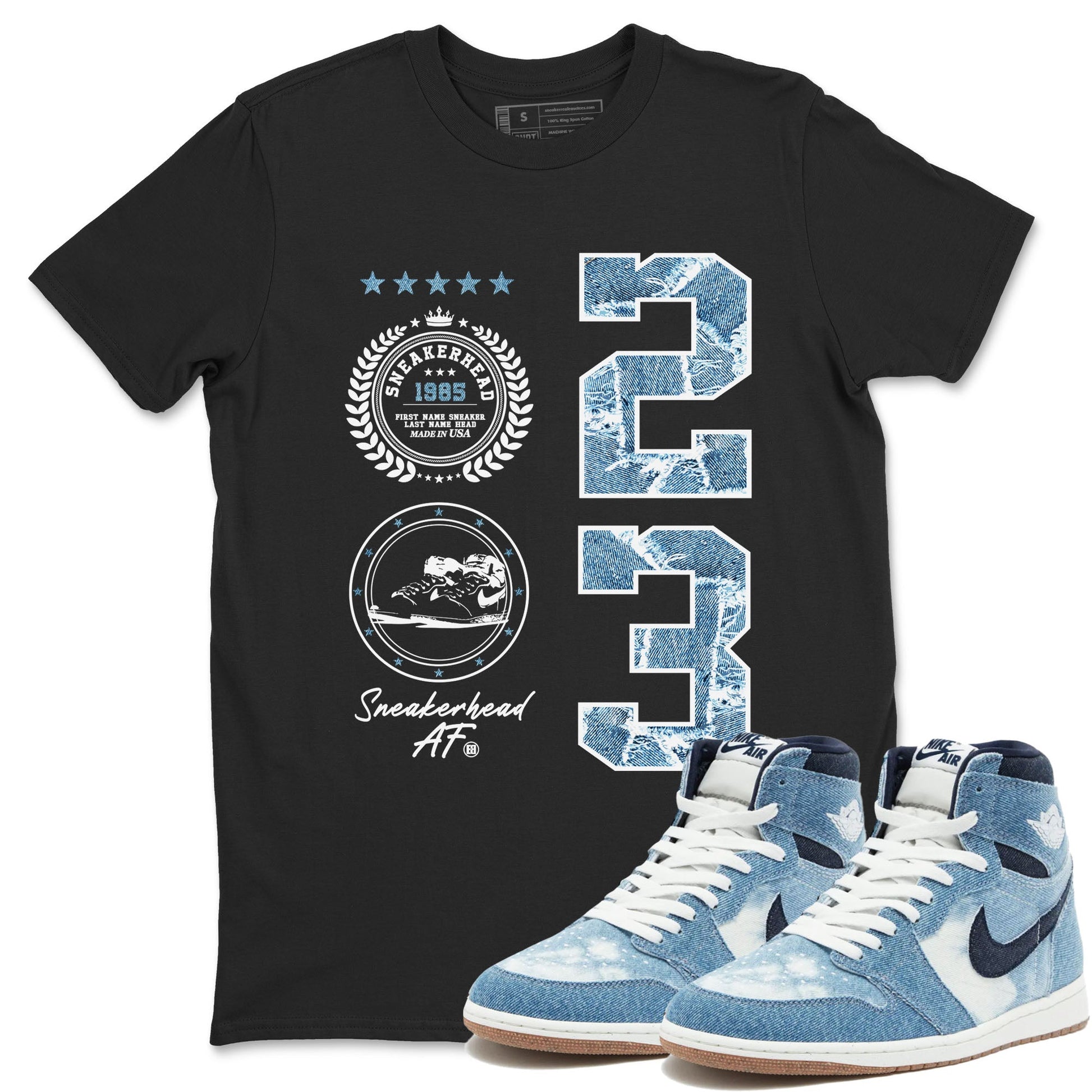 1s Denim shirt to match jordans Sneaker Emblem sneaker tees Air Jordan 1 Denim SNRT Sneaker Release Tees unisex cotton Black 1 crew neck shirt