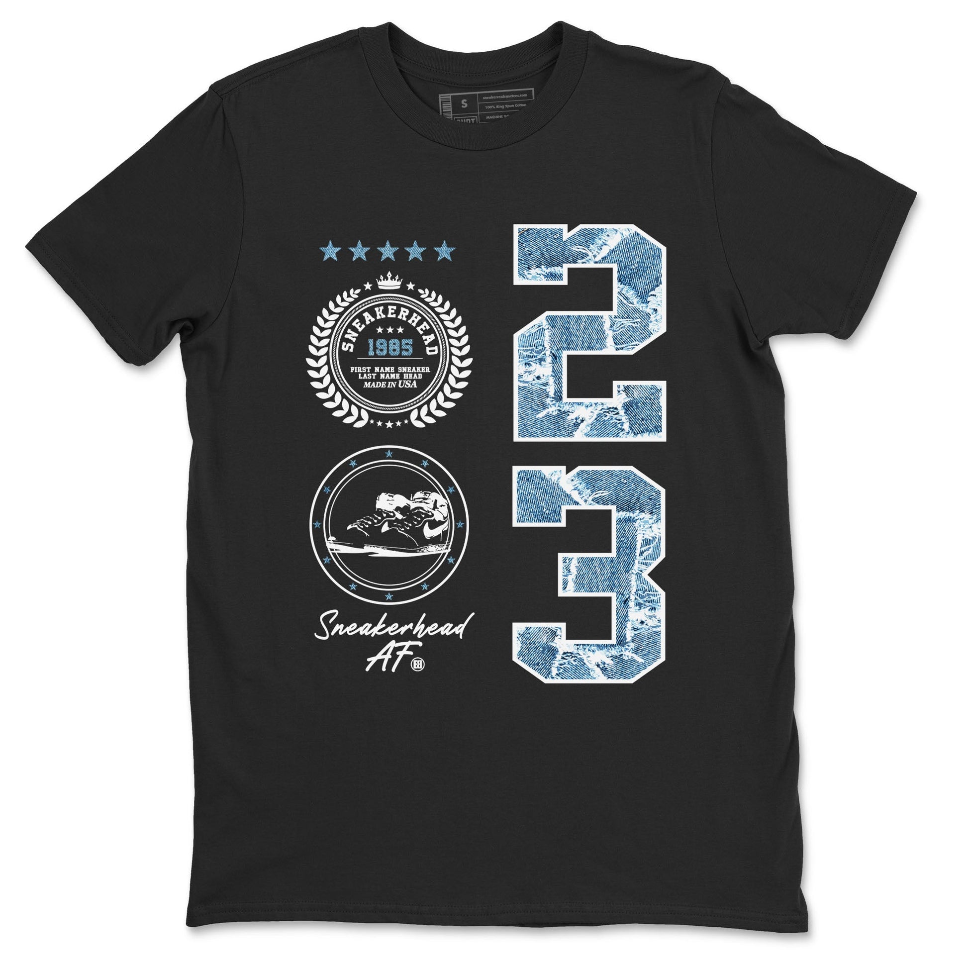 1s Denim shirt to match jordans Sneaker Emblem sneaker tees Air Jordan 1 Denim SNRT Sneaker Release Tees unisex cotton Black 2 crew neck shirt