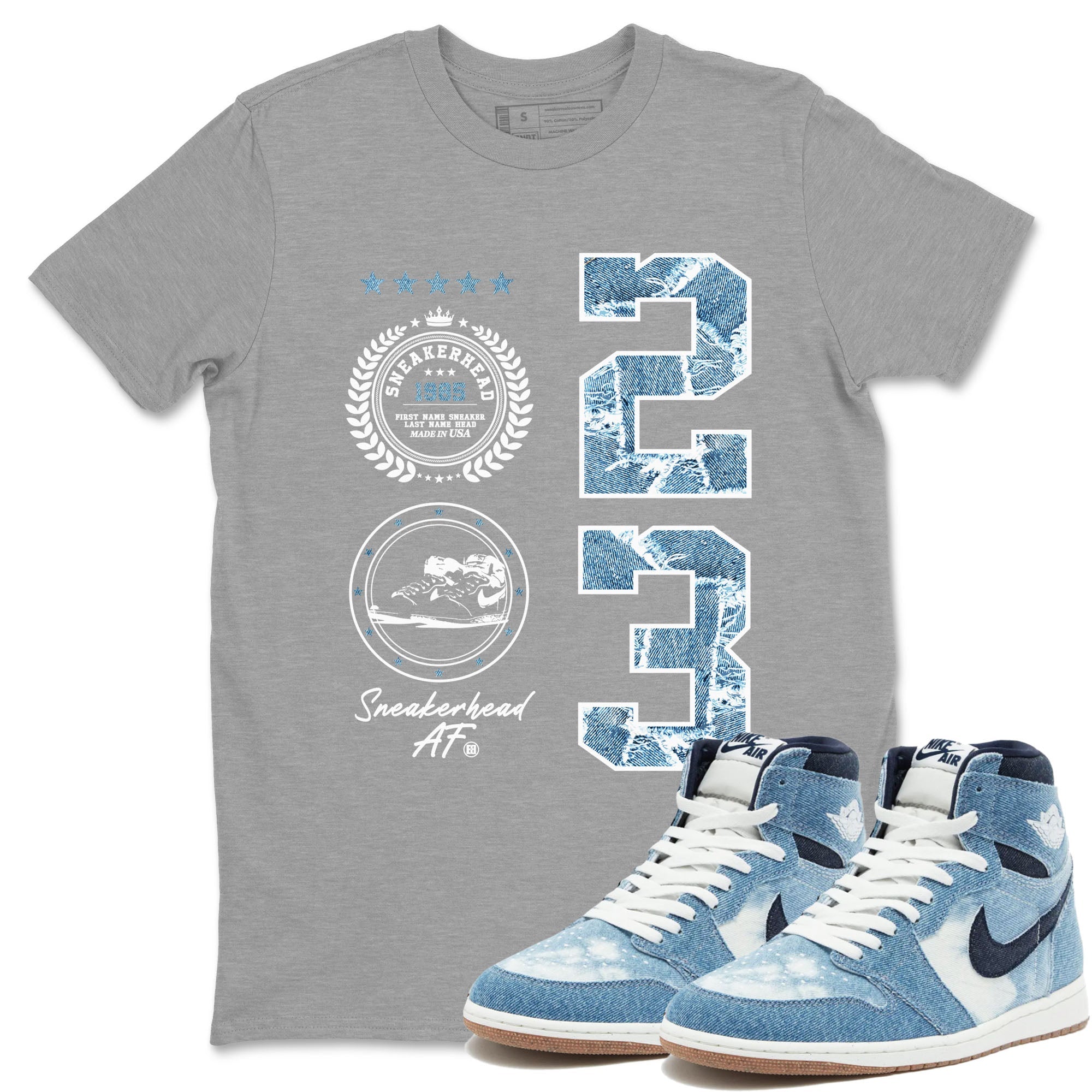 1s Denim shirt to match jordans Sneaker Emblem sneaker tees Air Jordan 1 Denim SNRT Sneaker Release Tees unisex cotton Heather Grey 1 crew neck shirt