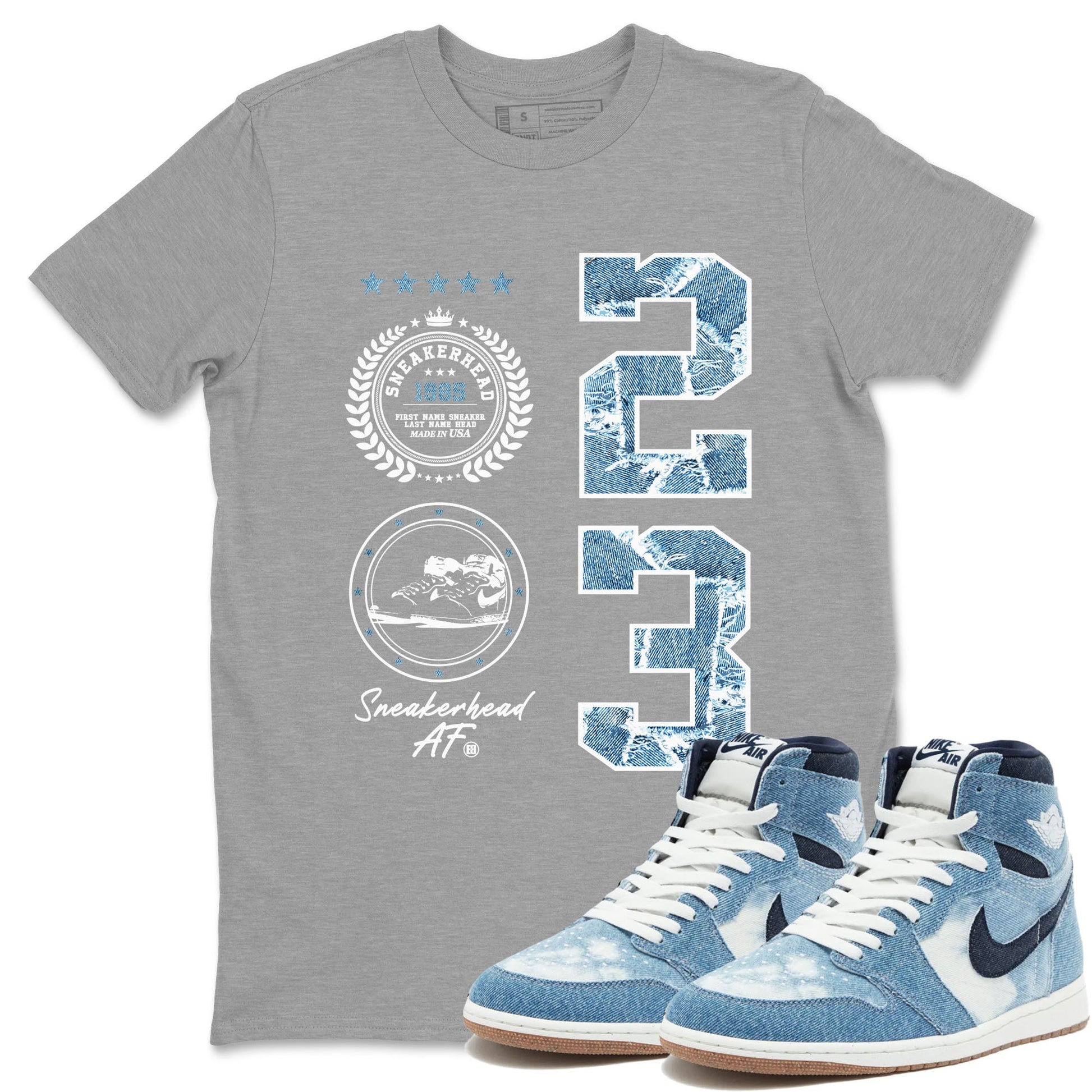 1s Denim shirt to match jordans Sneaker Emblem sneaker tees Air Jordan 1 Denim SNRT Sneaker Release Tees unisex cotton Heather Grey 1 crew neck shirt