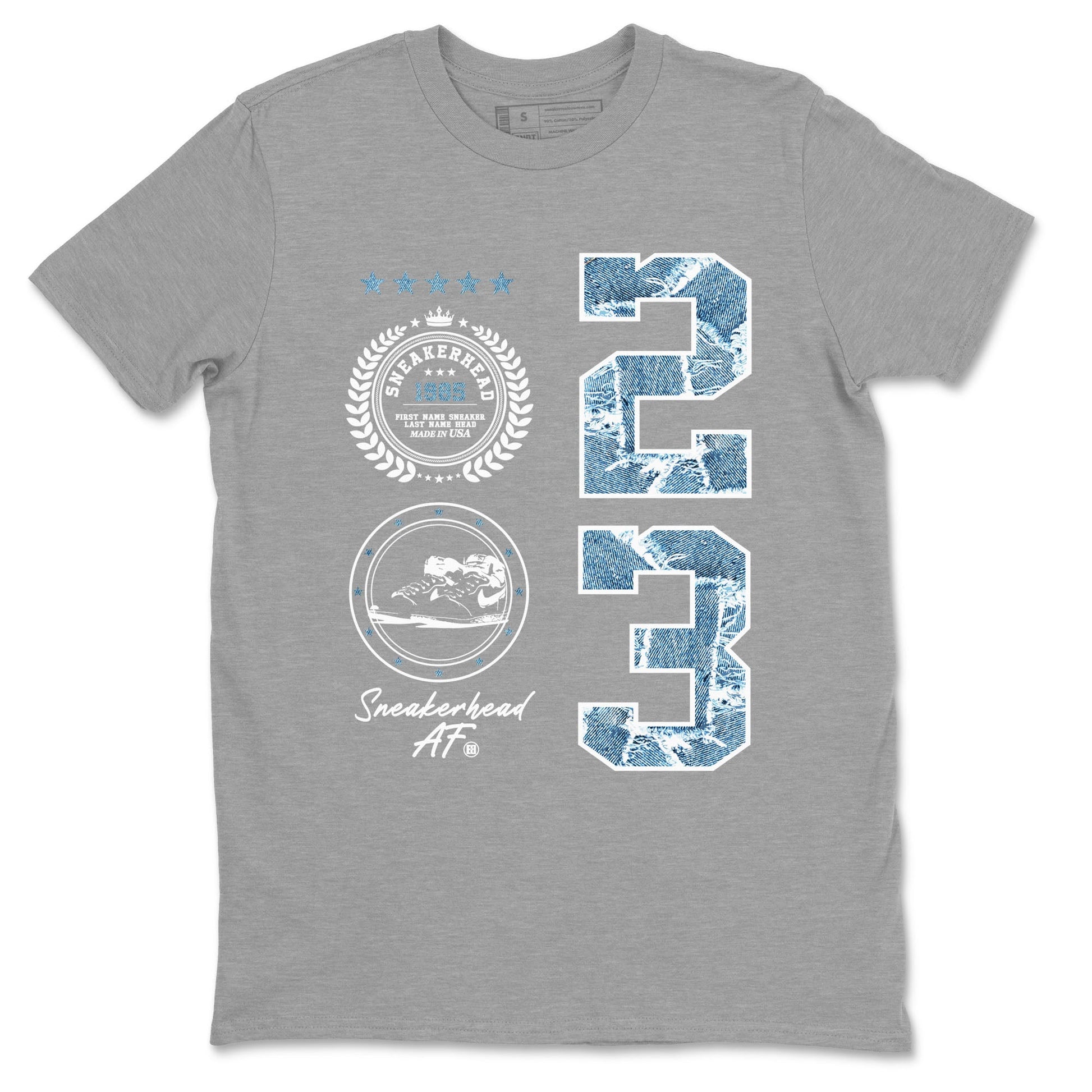 1s Denim shirt to match jordans Sneaker Emblem sneaker tees Air Jordan 1 Denim SNRT Sneaker Release Tees unisex cotton Heather Grey 2 crew neck shirt