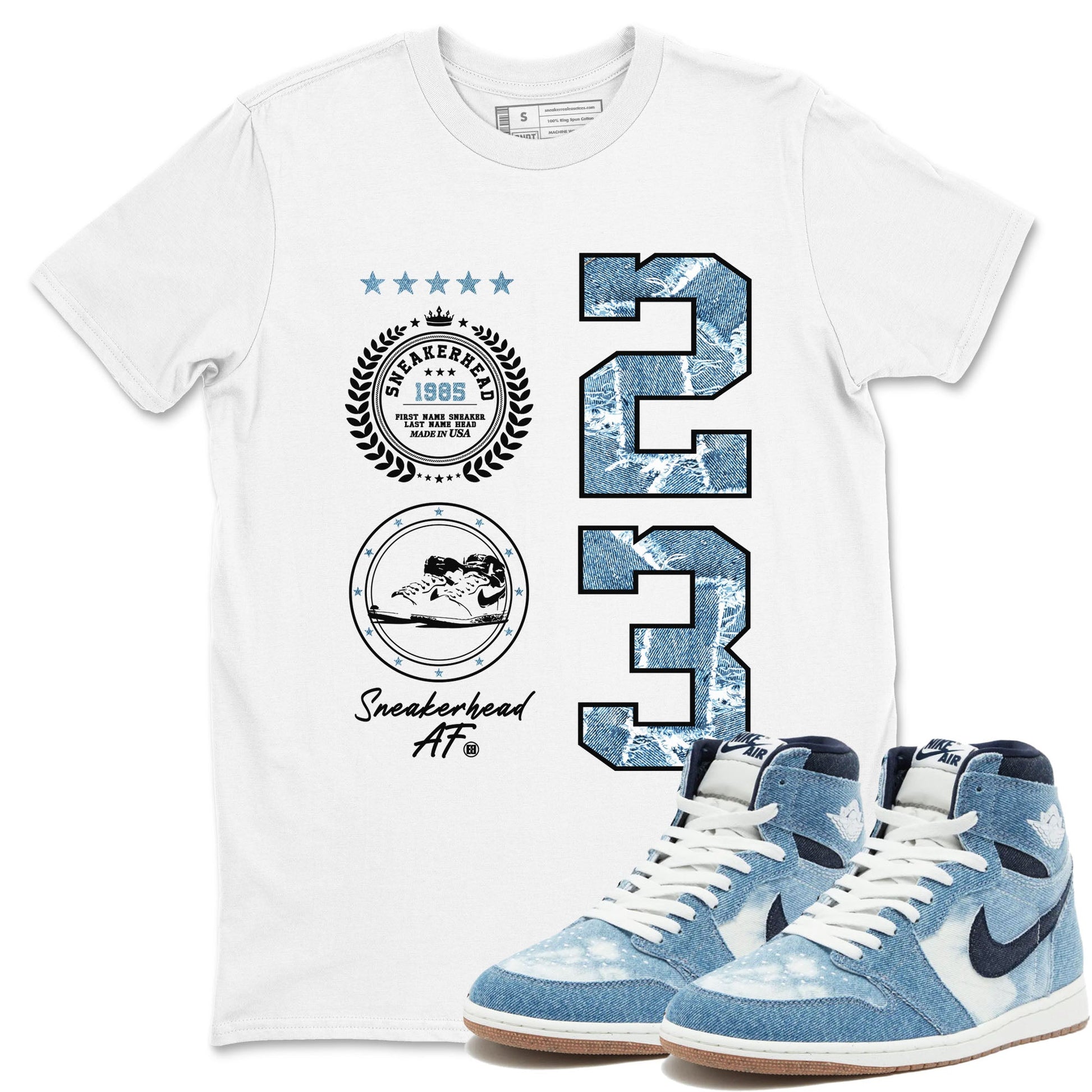 1s Denim shirt to match jordans Sneaker Emblem sneaker tees Air Jordan 1 Denim SNRT Sneaker Release Tees unisex cotton White 1 crew neck shirt