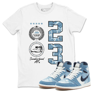 1s Denim shirt to match jordans Sneaker Emblem sneaker tees Air Jordan 1 Denim SNRT Sneaker Release Tees unisex cotton White 1 crew neck shirt